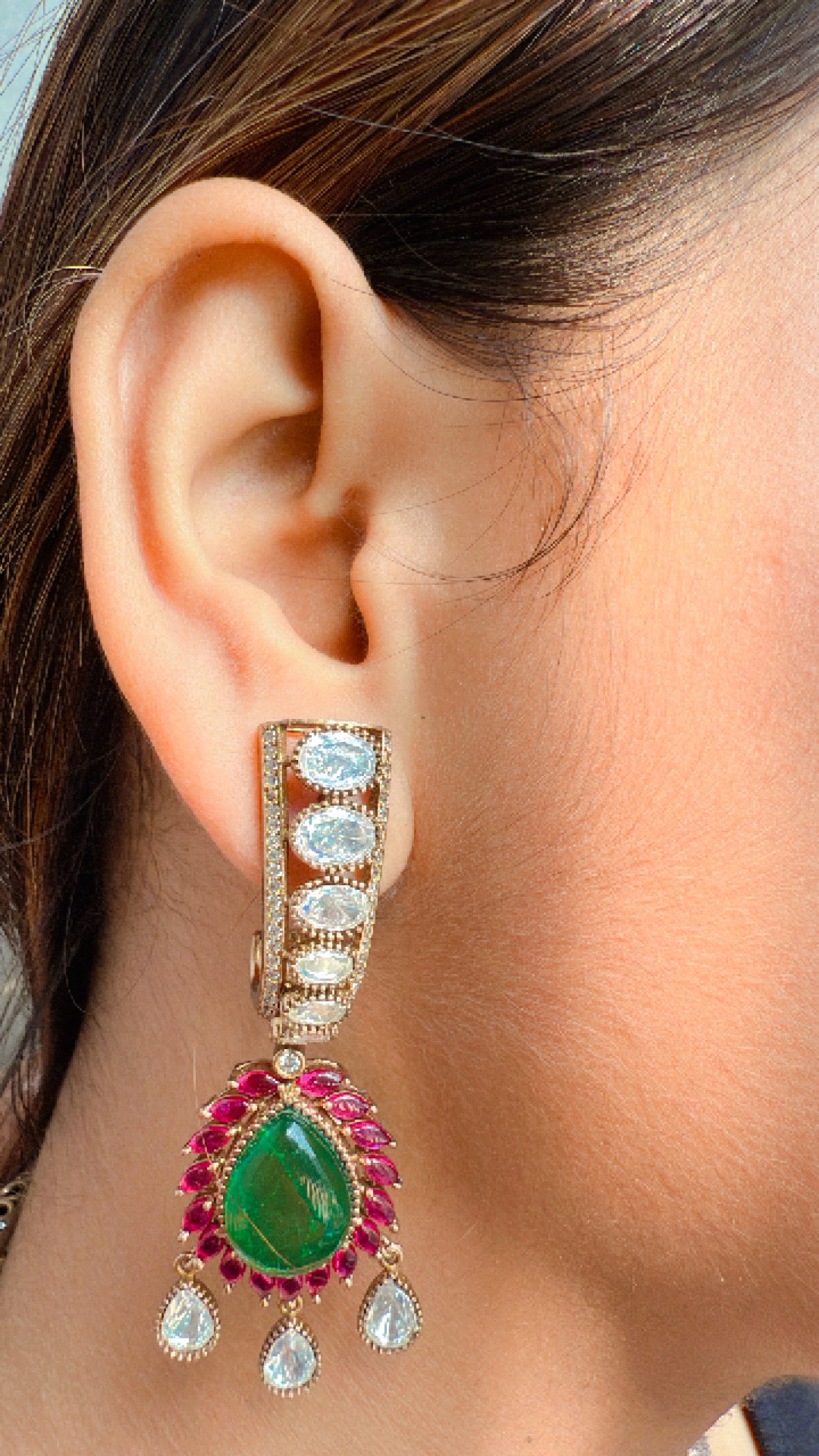 Gold Plated Stones Zircon Studded Moissanite Drops Doublet Open Choker Set