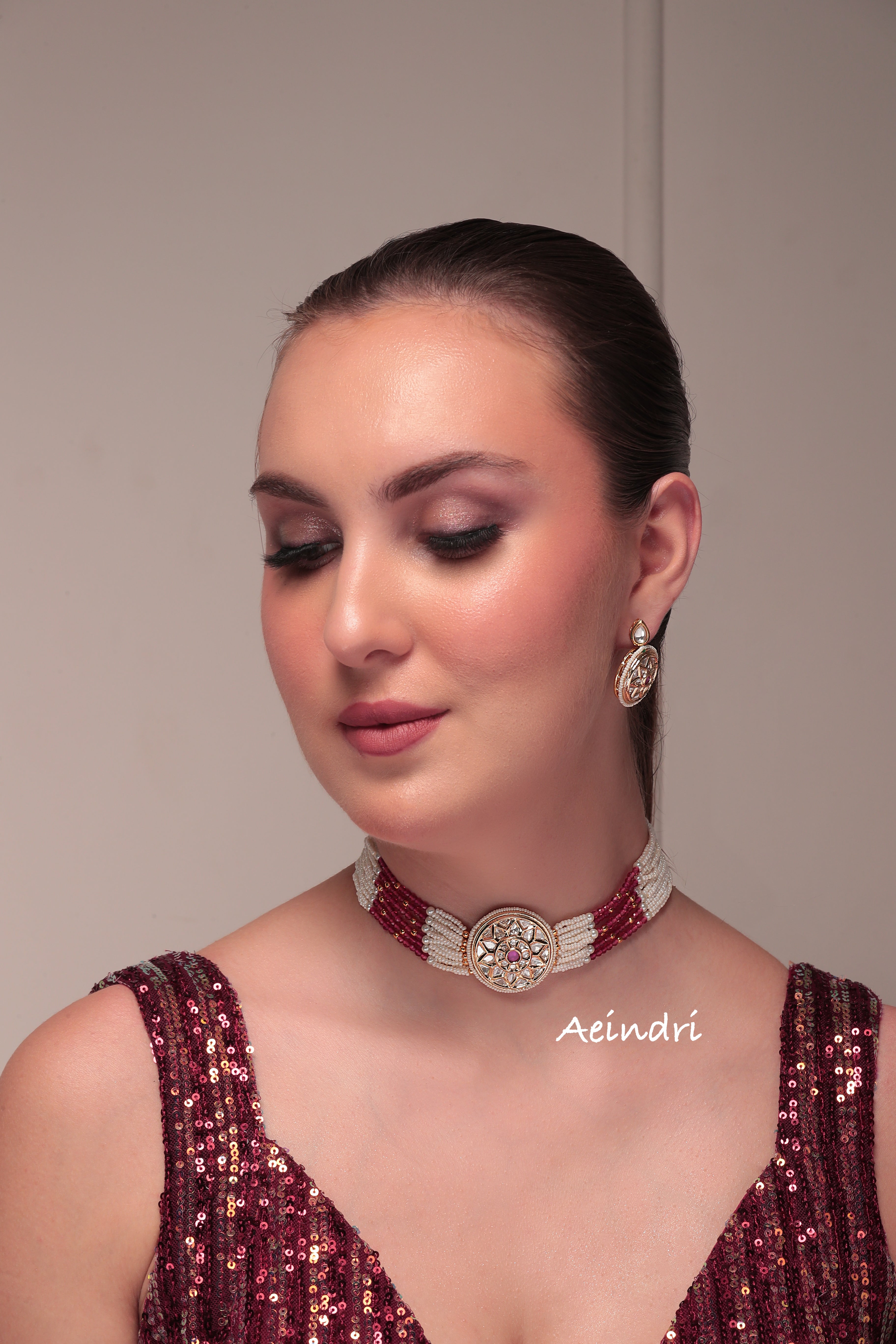 Aeindri Pearl & Ruby Beaded Choker Set with Mandala Pendant