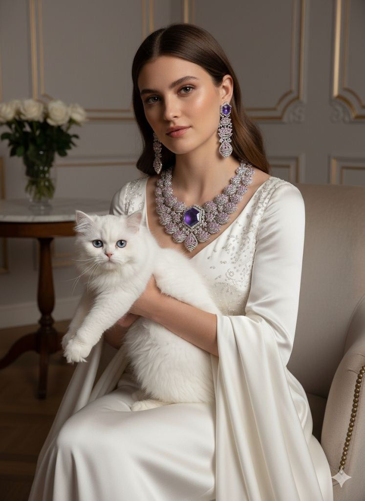 RHODIUM PLATED AMETHYST ZIRCONIA STATEMENT LUXURY NECKLACE SET