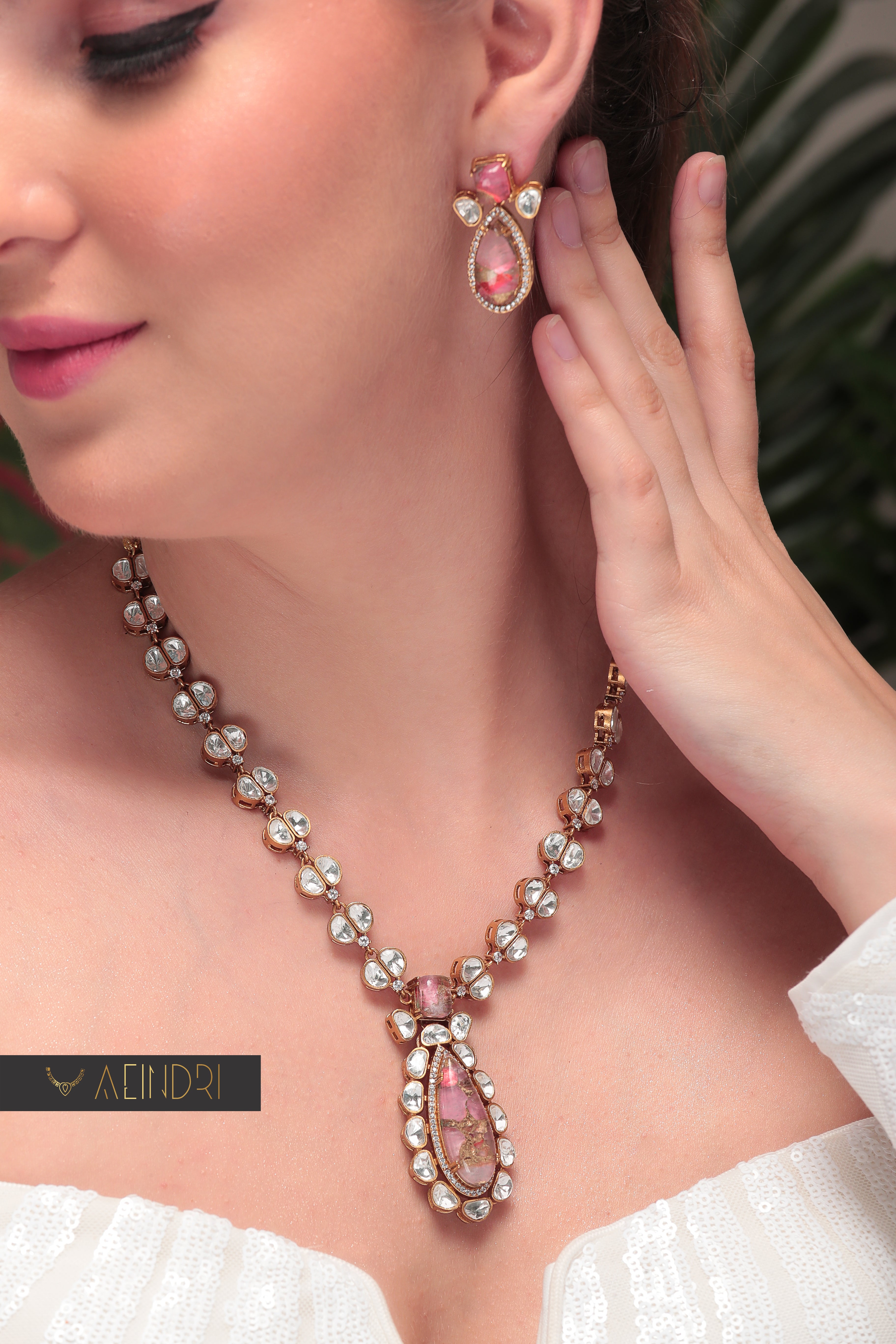 Aeindri Royal Pink Quartz & Polki Teardrop Necklace Set