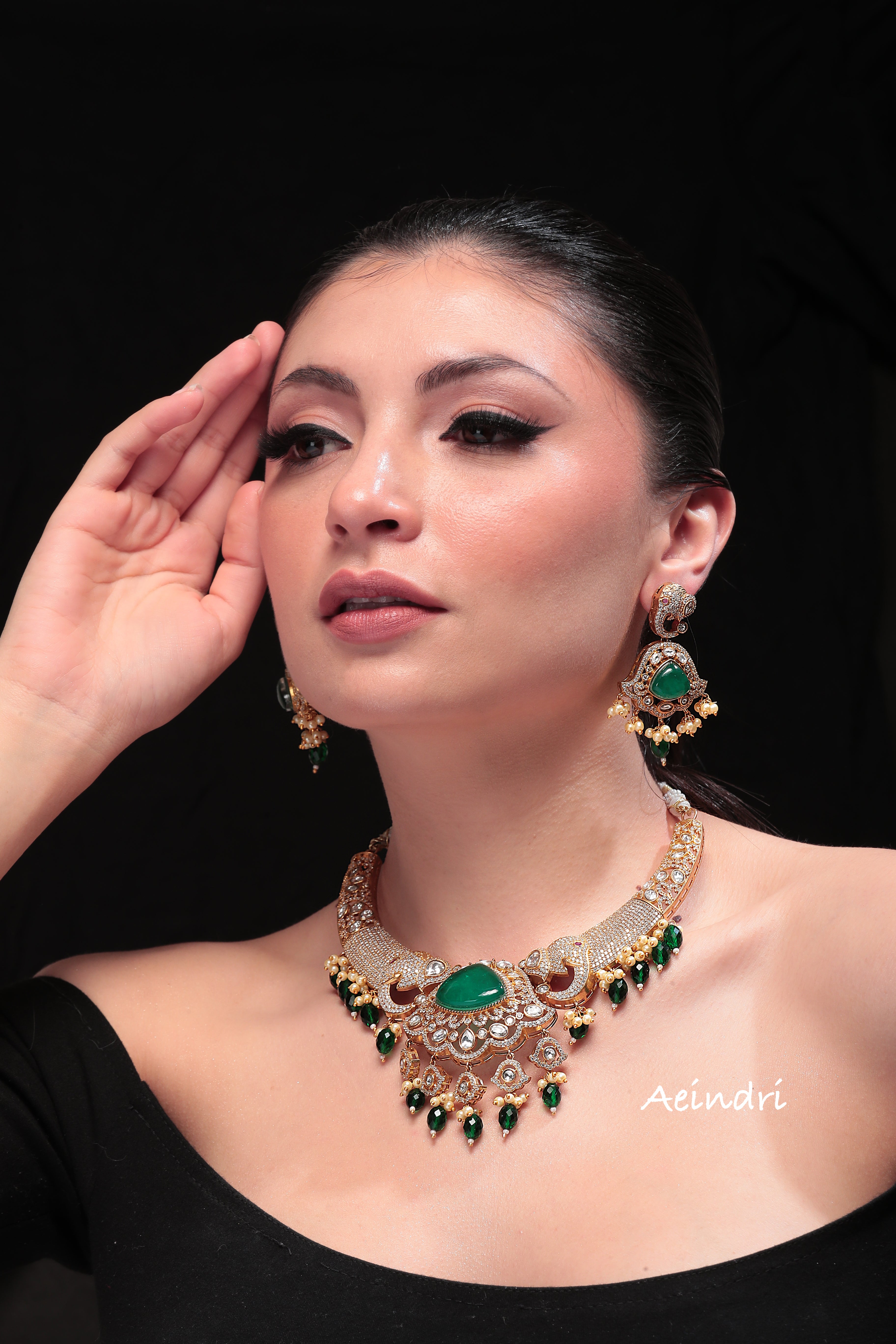 Aeindri Regal Emerald & Kundan Bridal Choker Set
