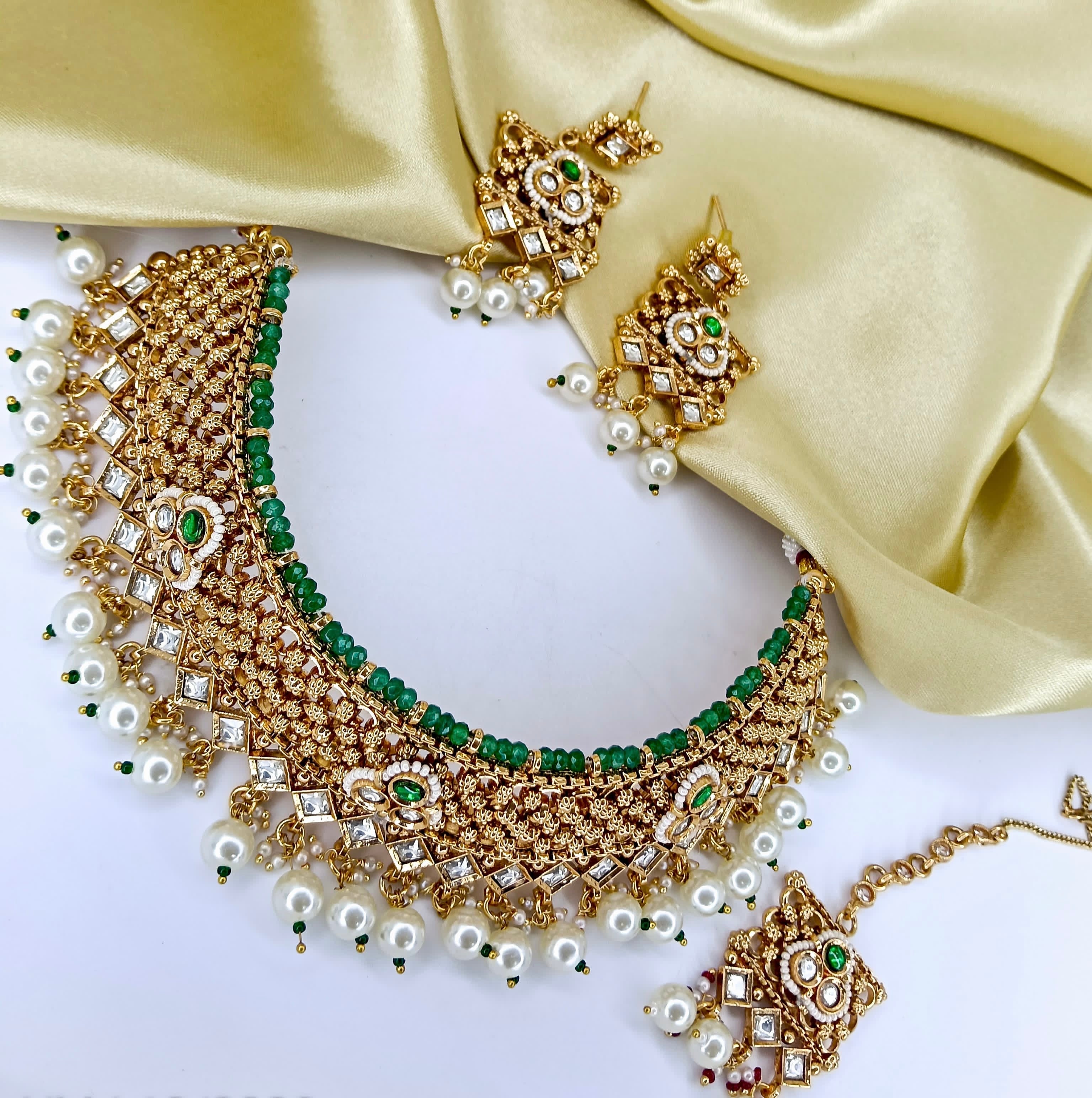 Aeindri Emerald Glow Polki & Pearl Bridal Set