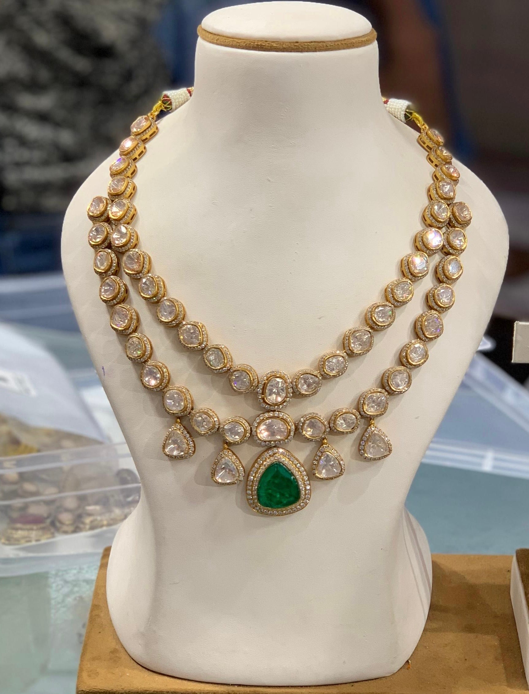 2 LINE GREEN STONE POLKI NECKLACE SET