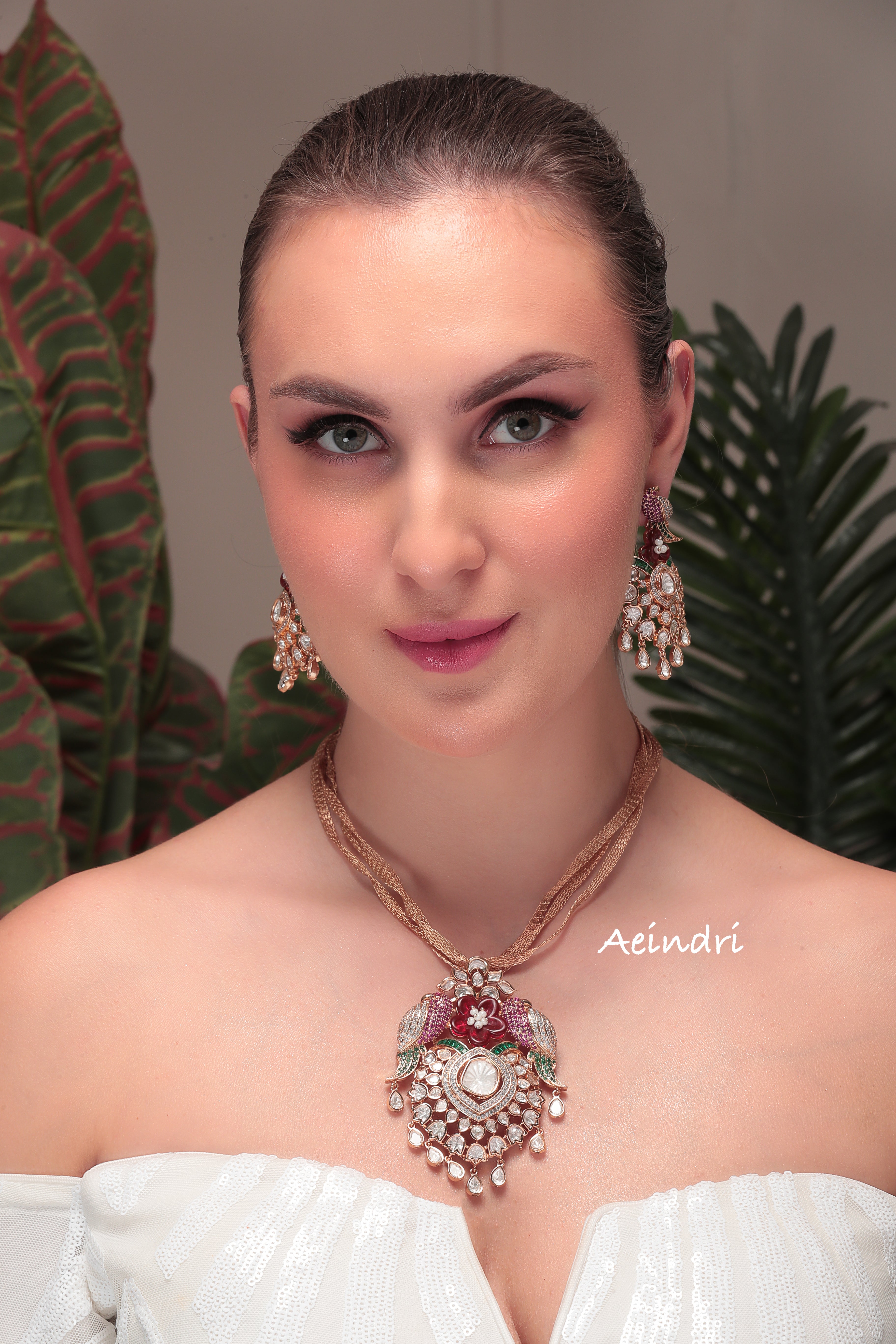 Aeindri Royal bird Polki & Enamel Pendant Necklace Set