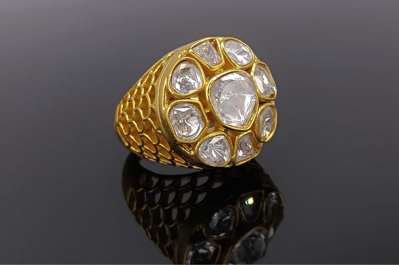 Aeindri Royal Kundan Polki Gold-Plated Statement Ring