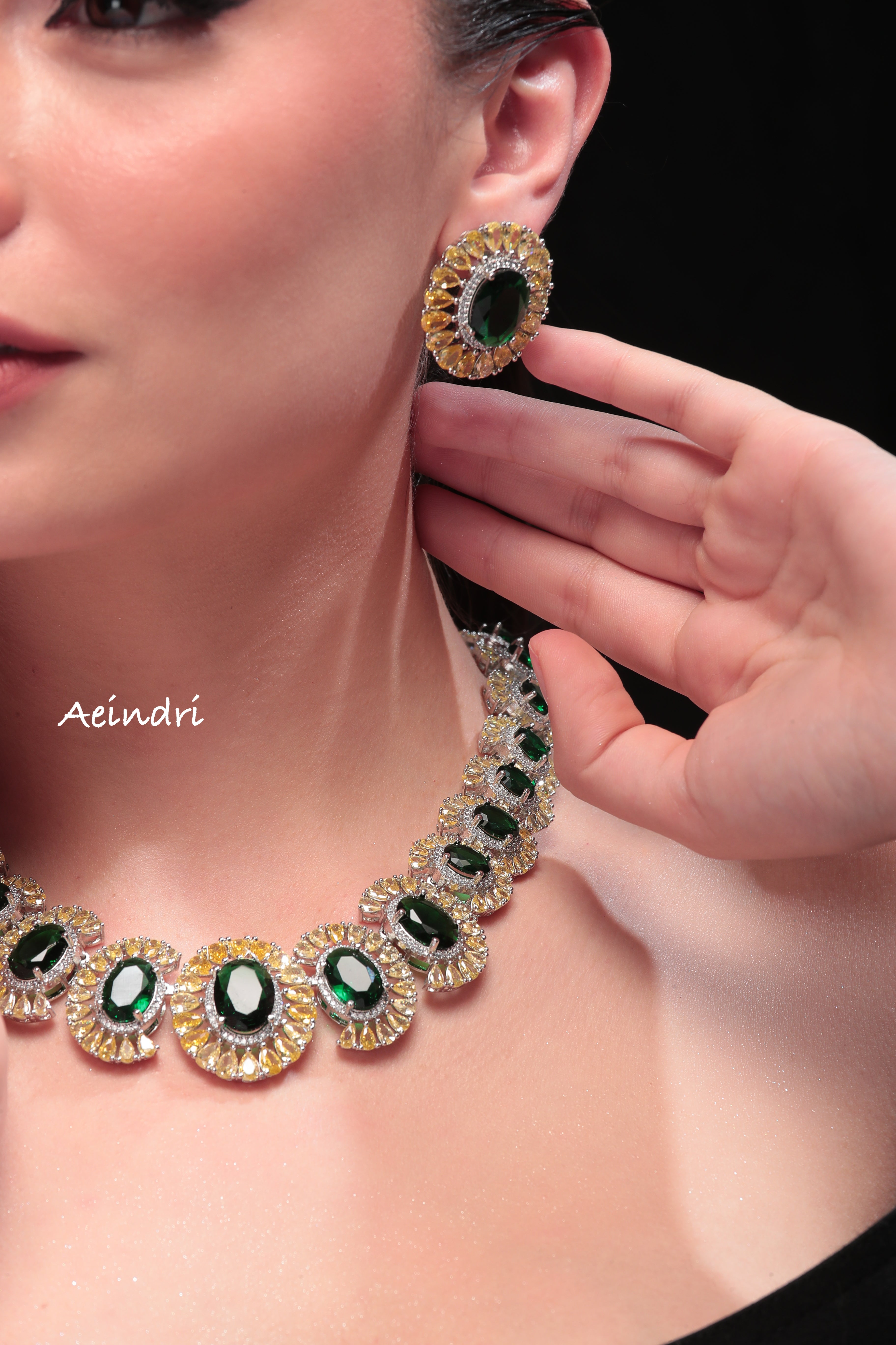 Aeindri Emerald Radiance Necklace Set with Statement Earrings