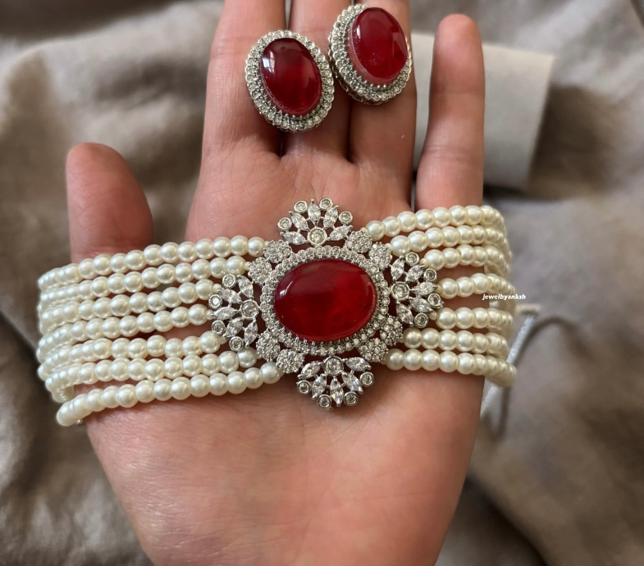 Kareena Kapoor Inspired Silver Finish Doublet Stone & American Diamond Pearls Choker Necklace Set with Stud Earrings - Ruby