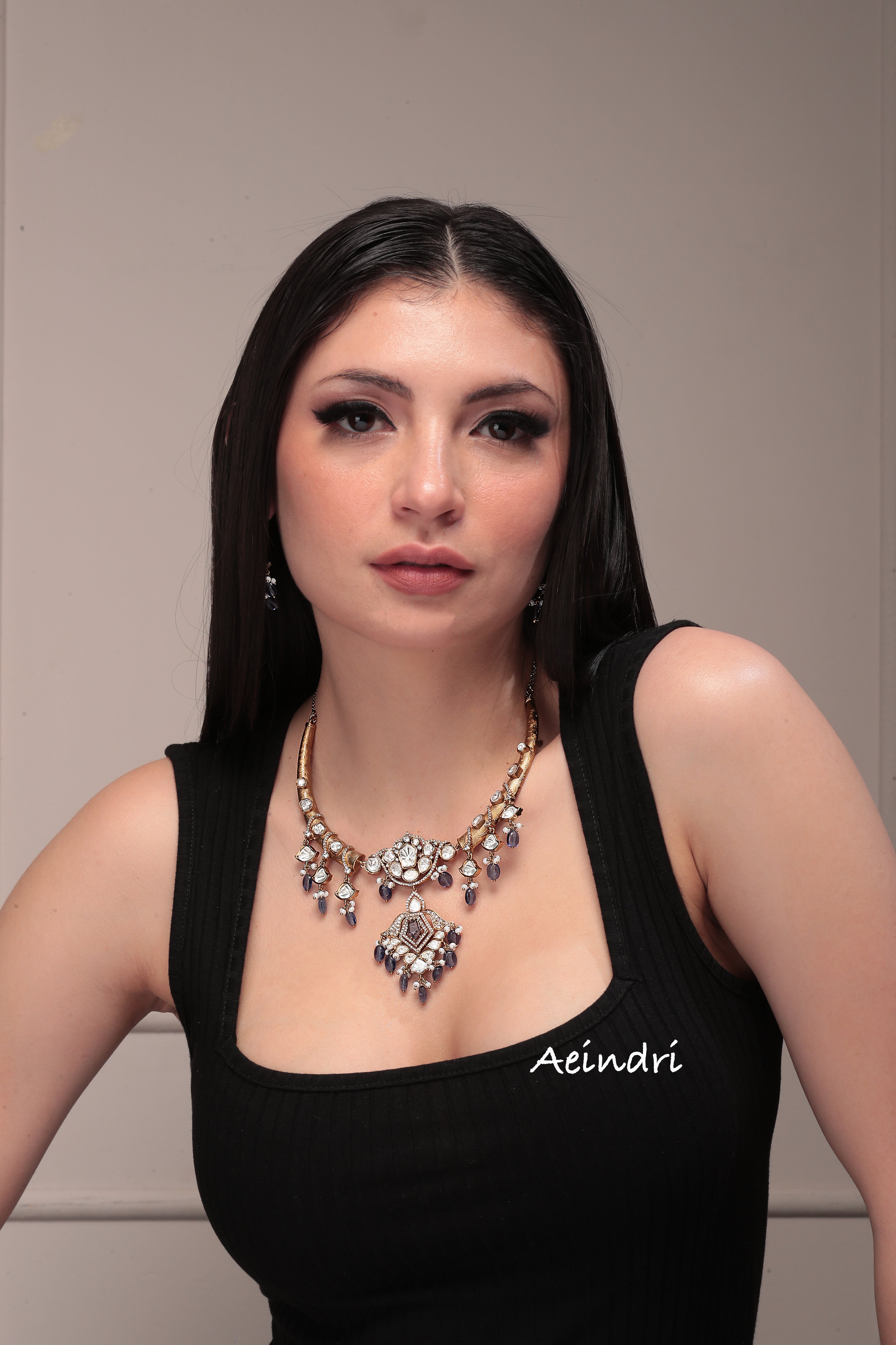 Aeindri Regal Polki & Sapphire Drop Necklace