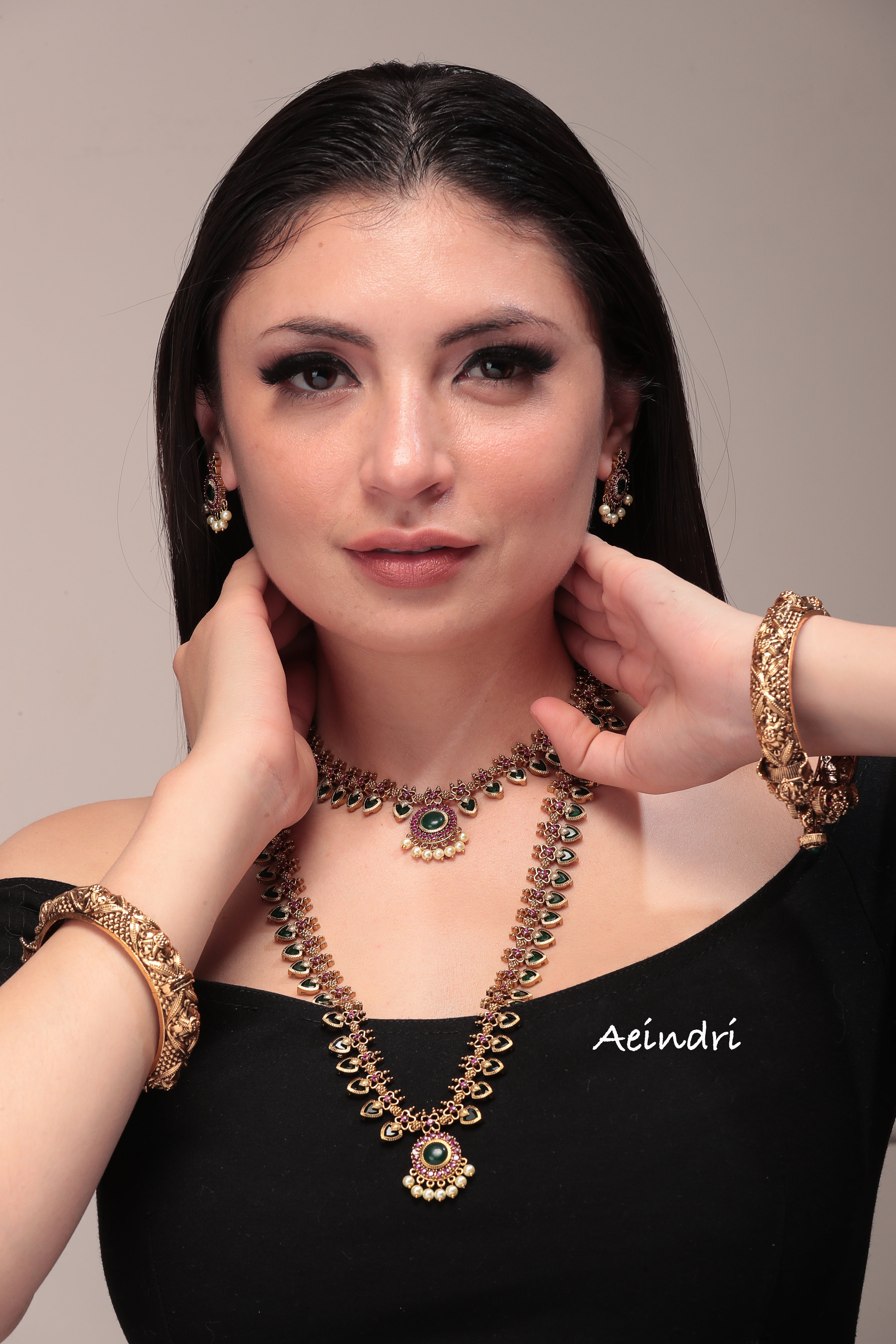 Antique Gold & Kundan Emerald Necklace Duo