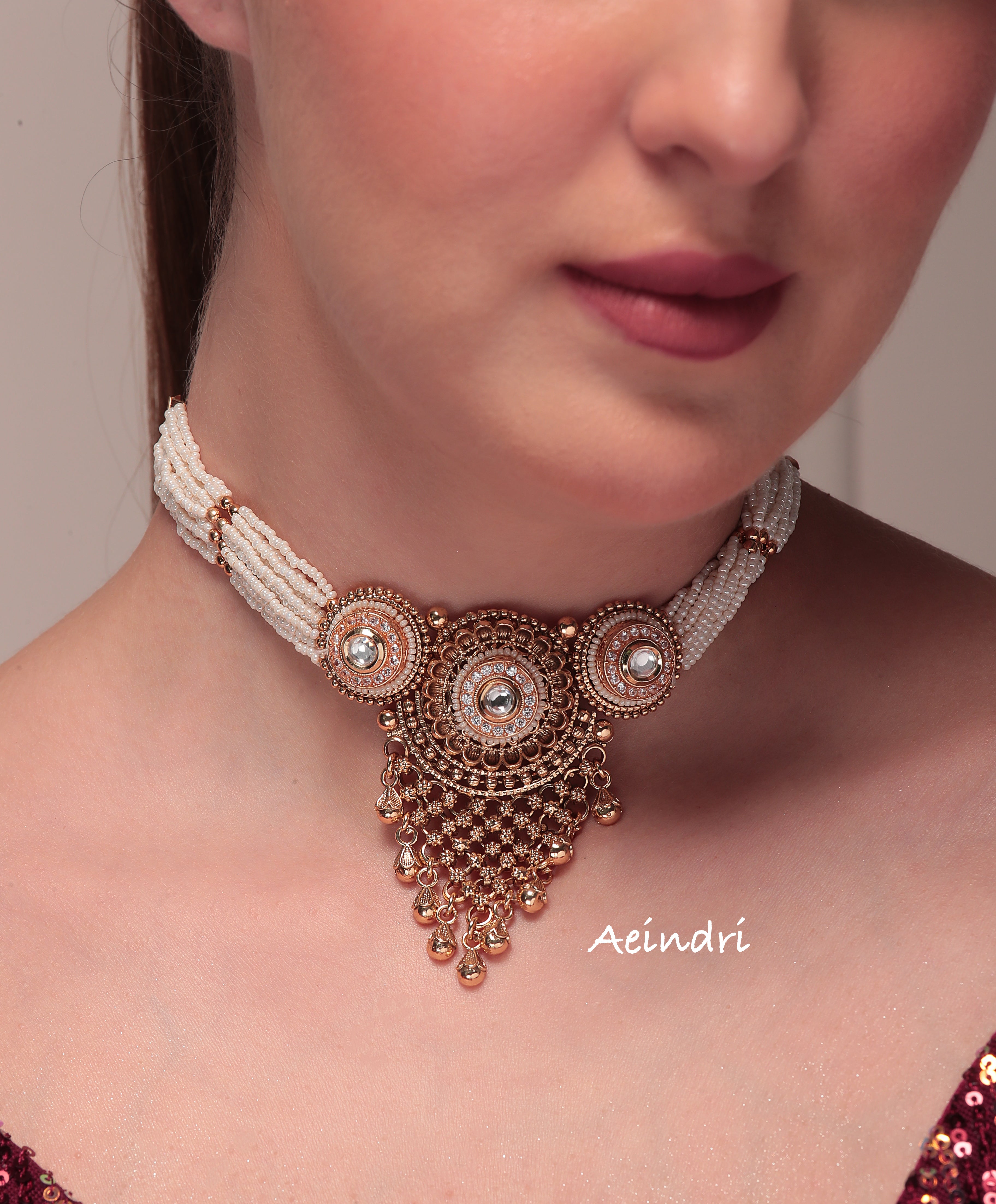 Aeindri Antique Pearl Beaded Choker Necklace Set with Eyerings