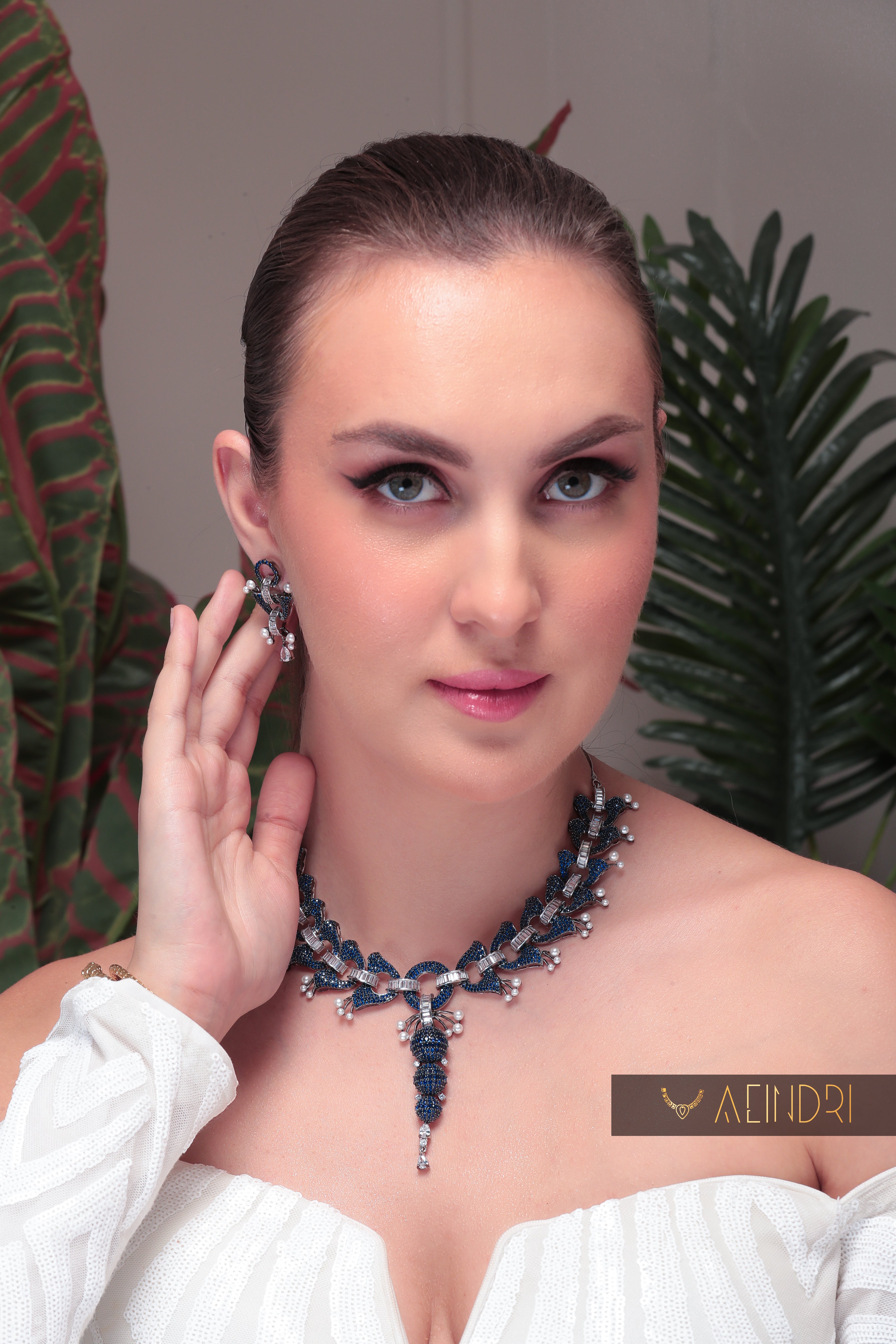 Aeindri Midnight Blue Crystal & Pearl Designer Choker Necklace