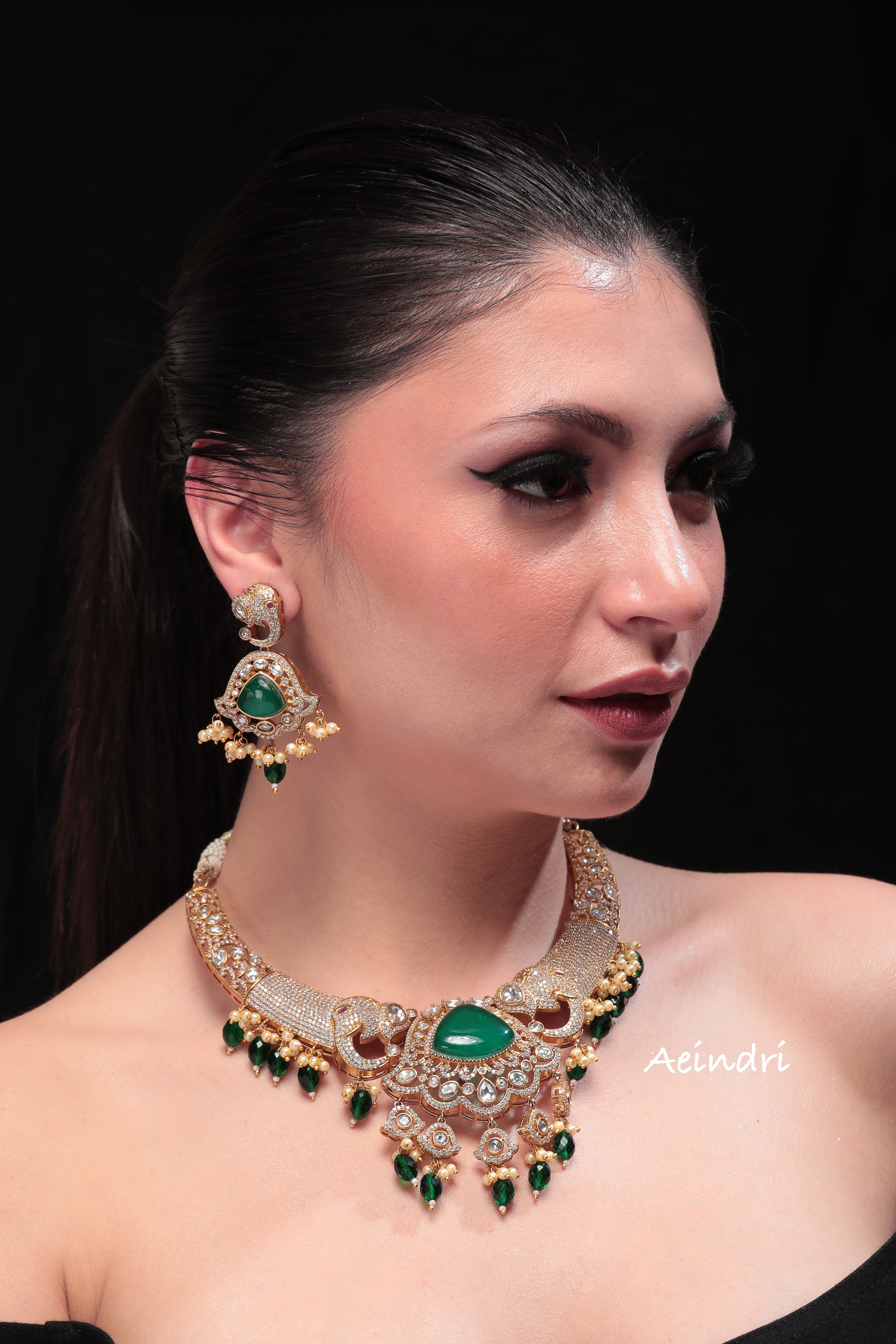 Aeindri Regal Emerald & Kundan Bridal Choker Set