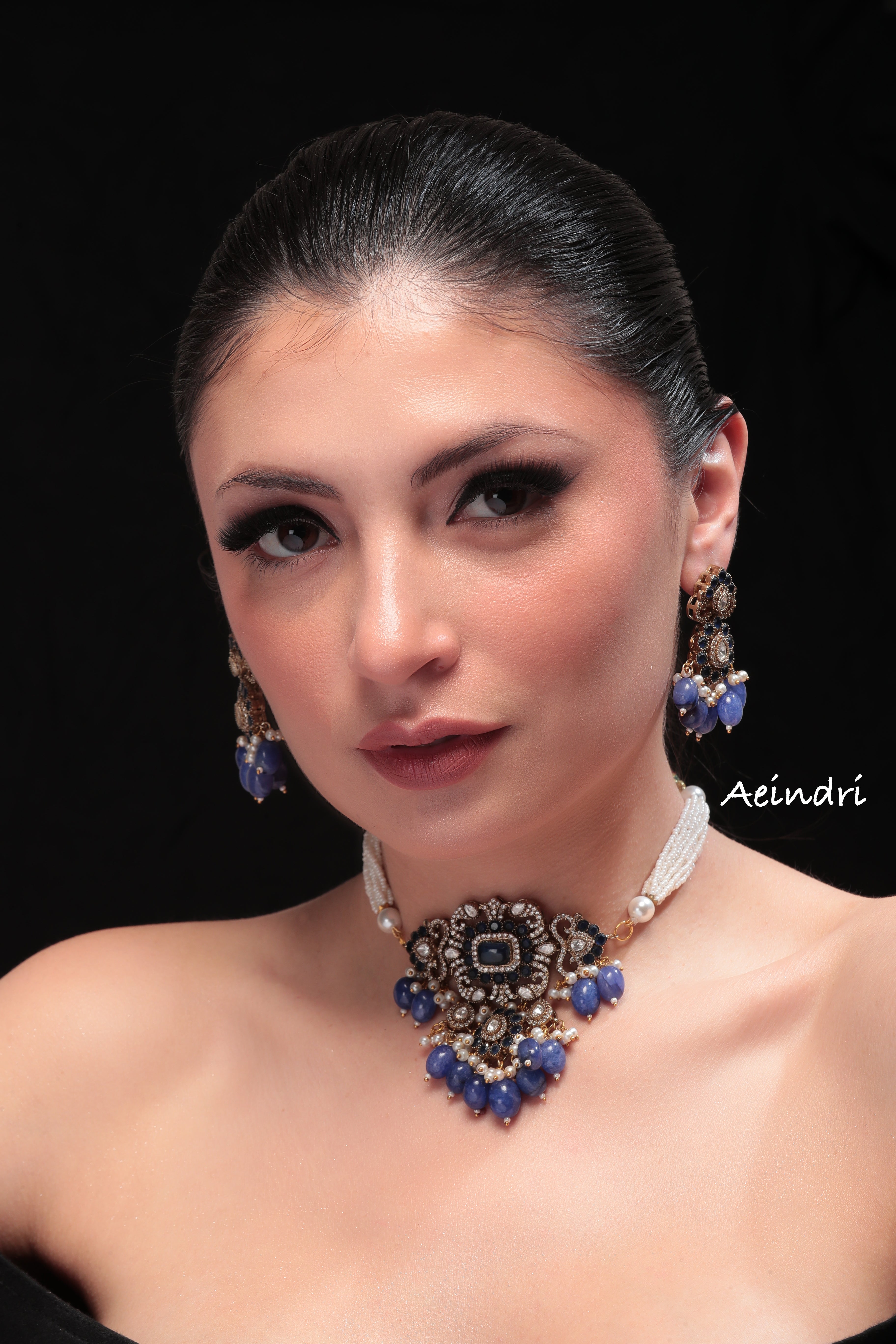 Luxurious Blue Gemstone Pearl Choker Set by Aeindri
