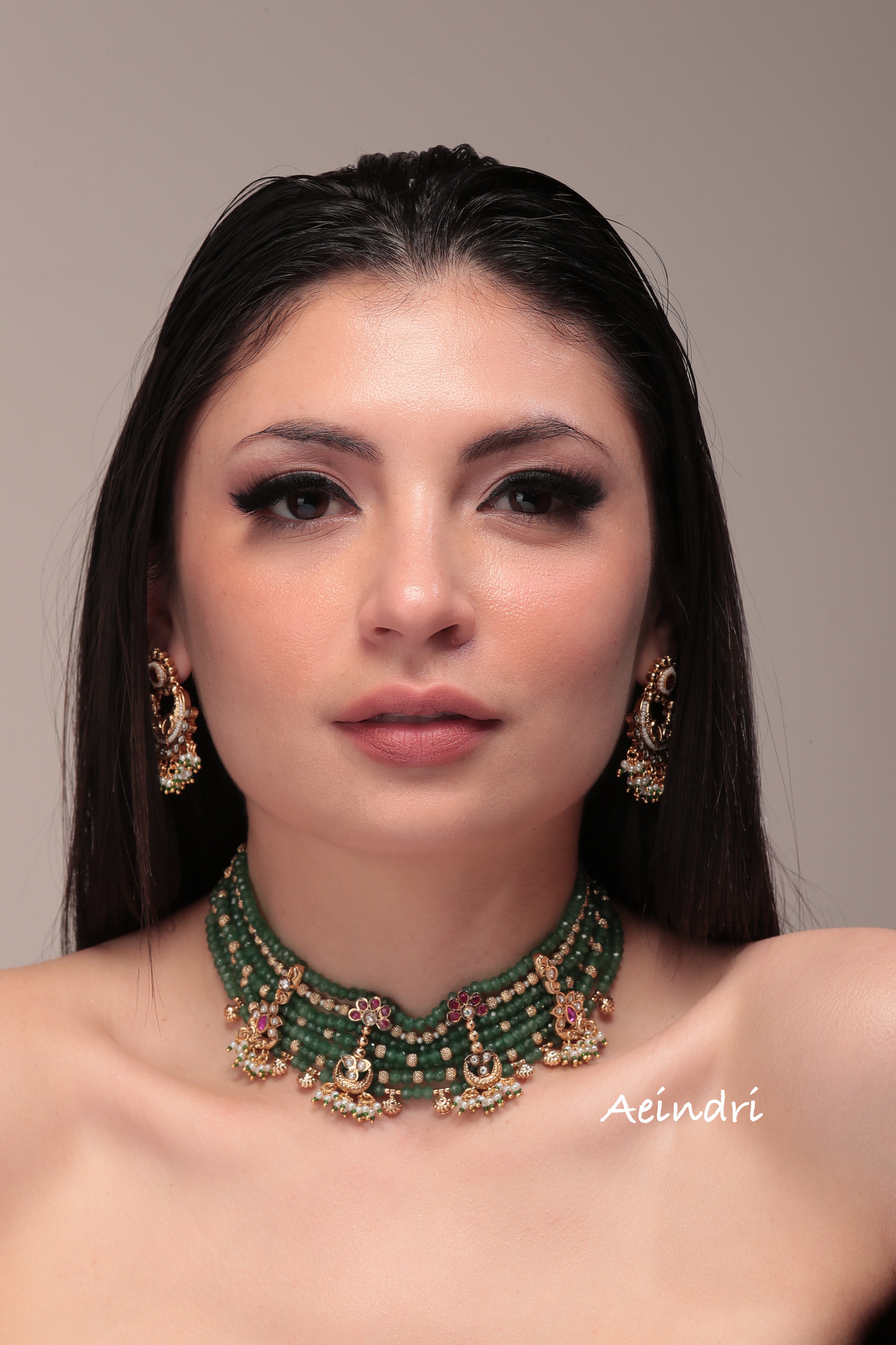 Emerald Green Beaded Choker with Temple-Inspired Detailing