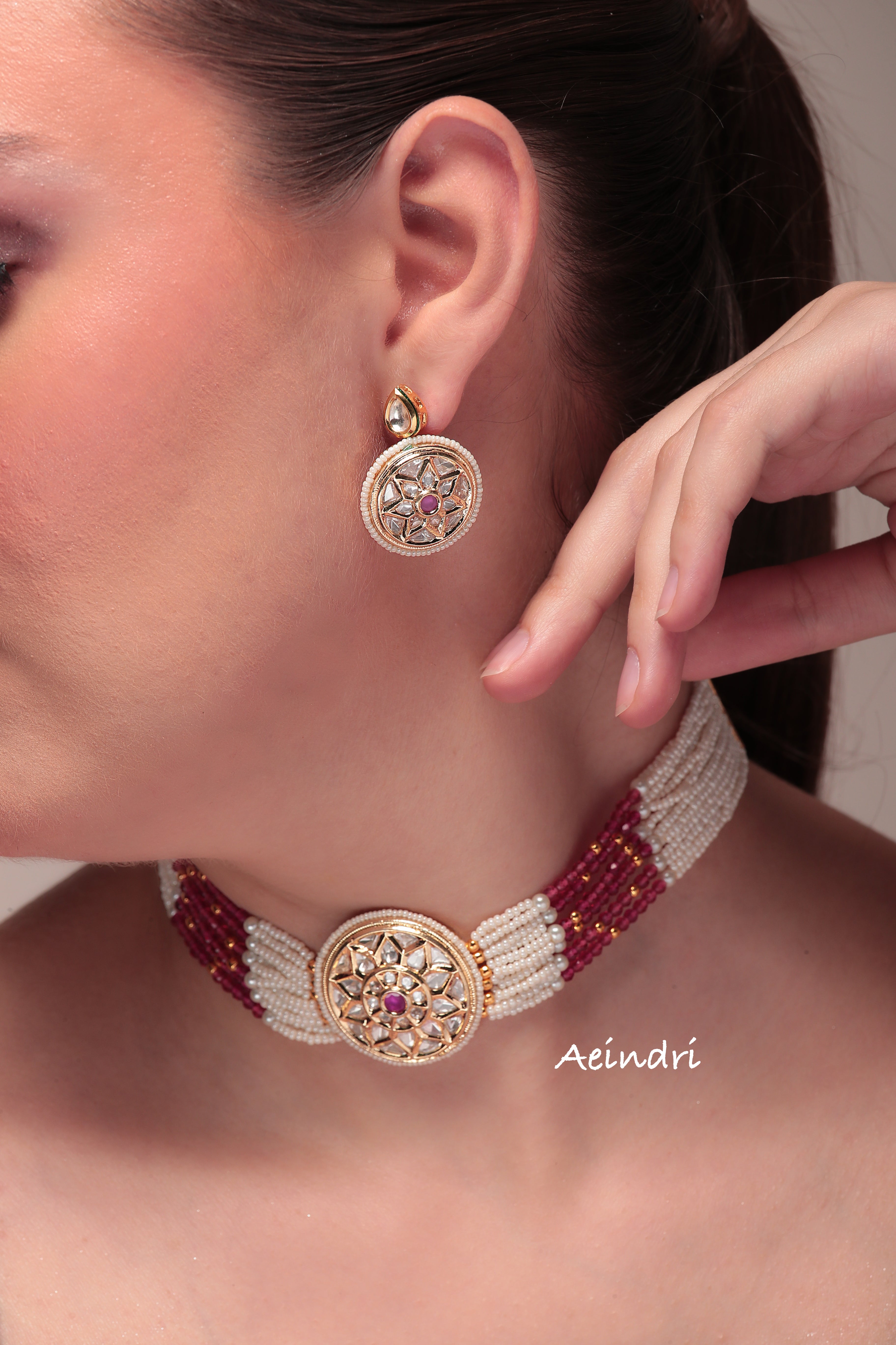 Aeindri Pearl & Ruby Beaded Choker Set with Mandala Pendant