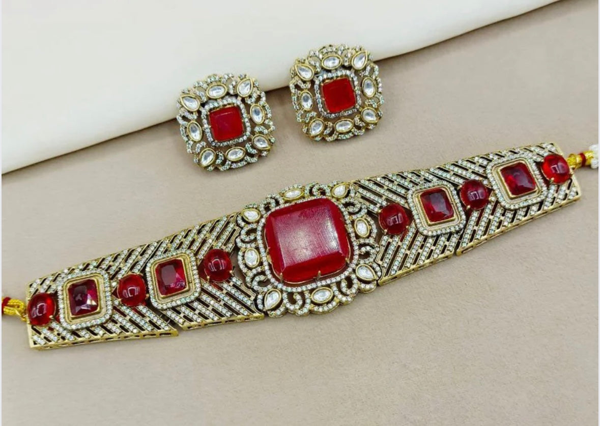 Nawabi Glam Pota And Austrain Stone Choker Necklace Set