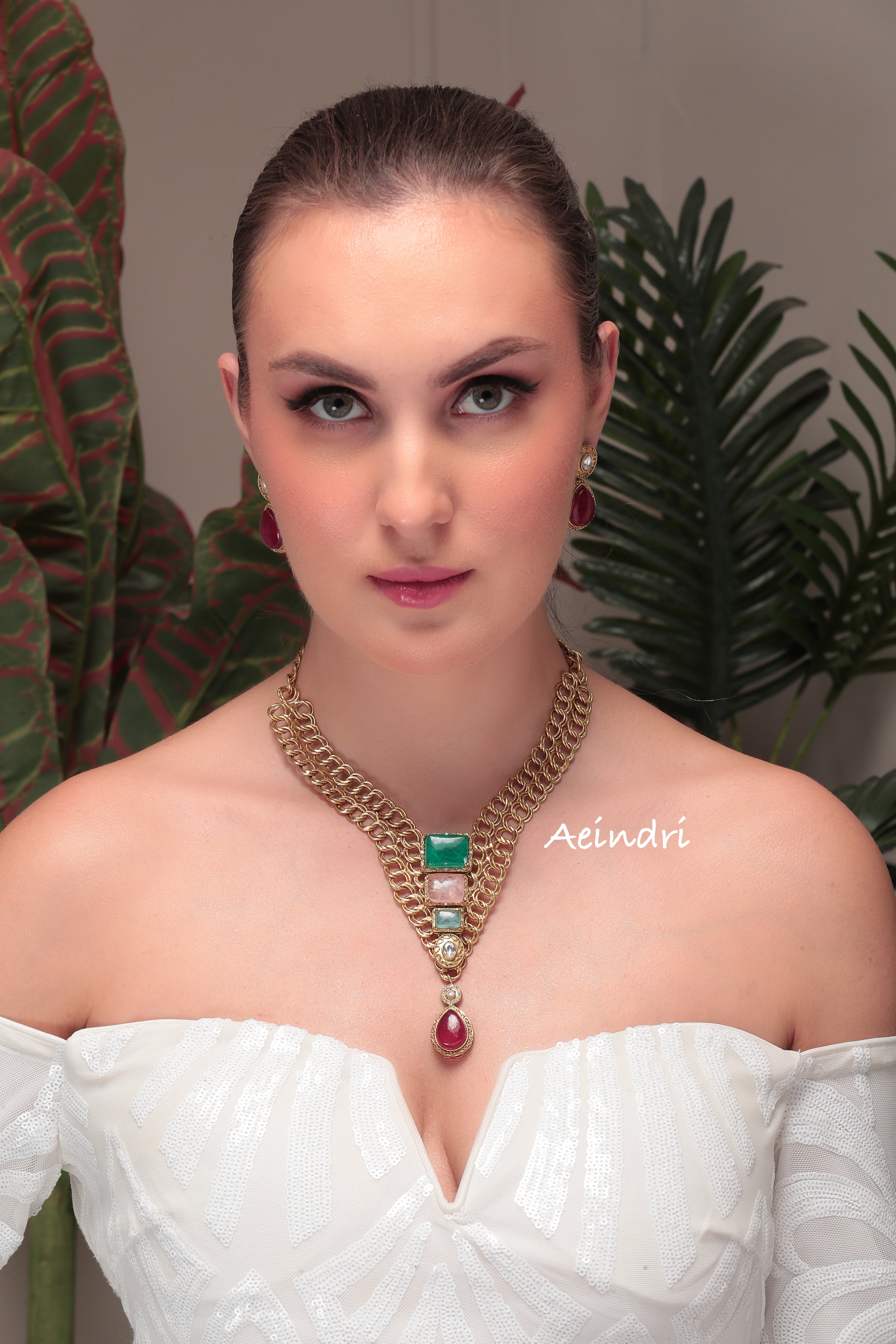 Aeindri Regal Emerald & Ruby Gold-Plated Statement Necklace Set