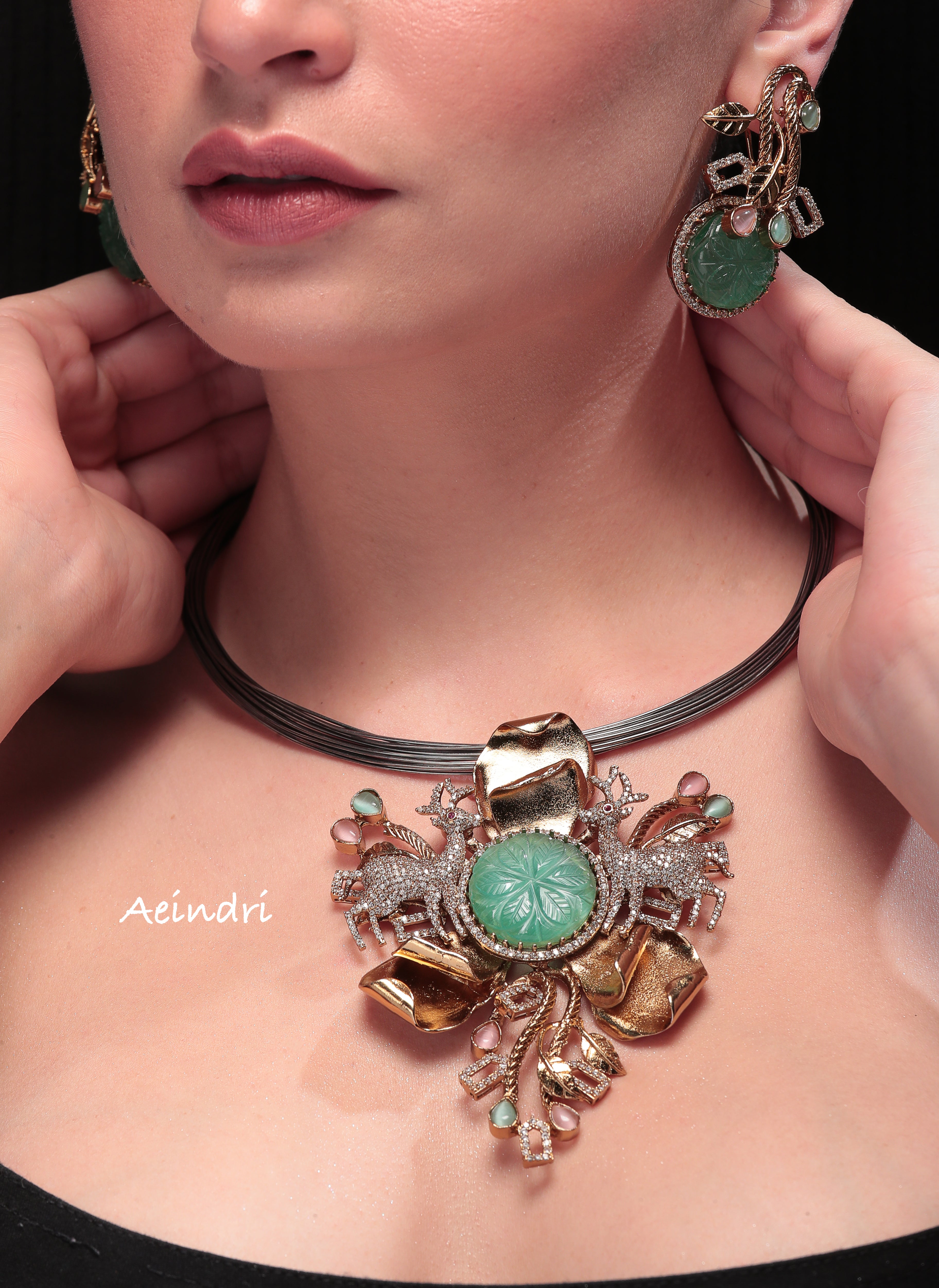 Aeindri Avant-Garde Carved Mint Stone & Crystal Statement Necklace Set