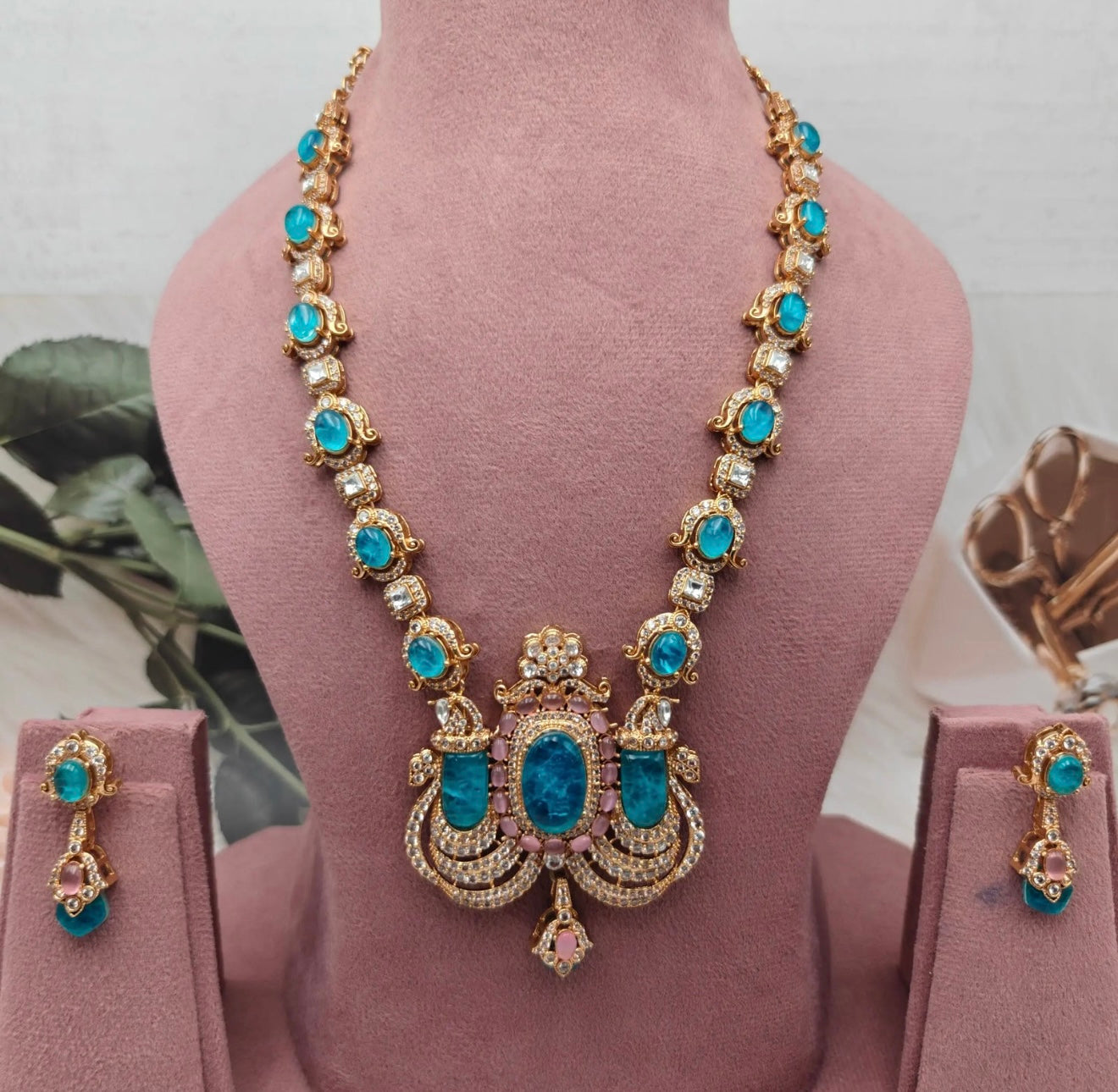 Victoria Moissanite and Cabochon Doublet Premium Necklace Set - Turquoise n Pink