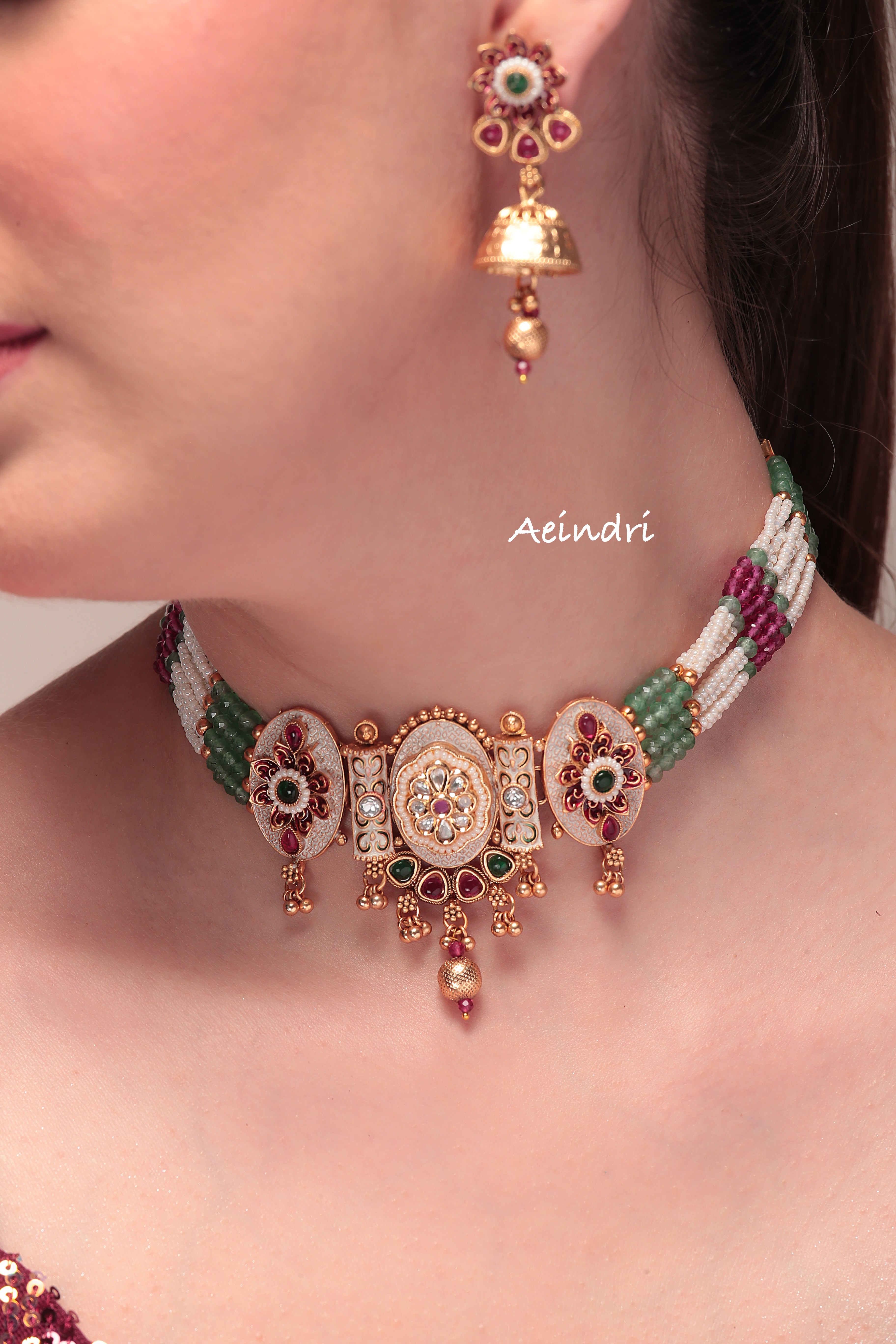 Aeindri Heritage Kundan & Beaded Choker Set