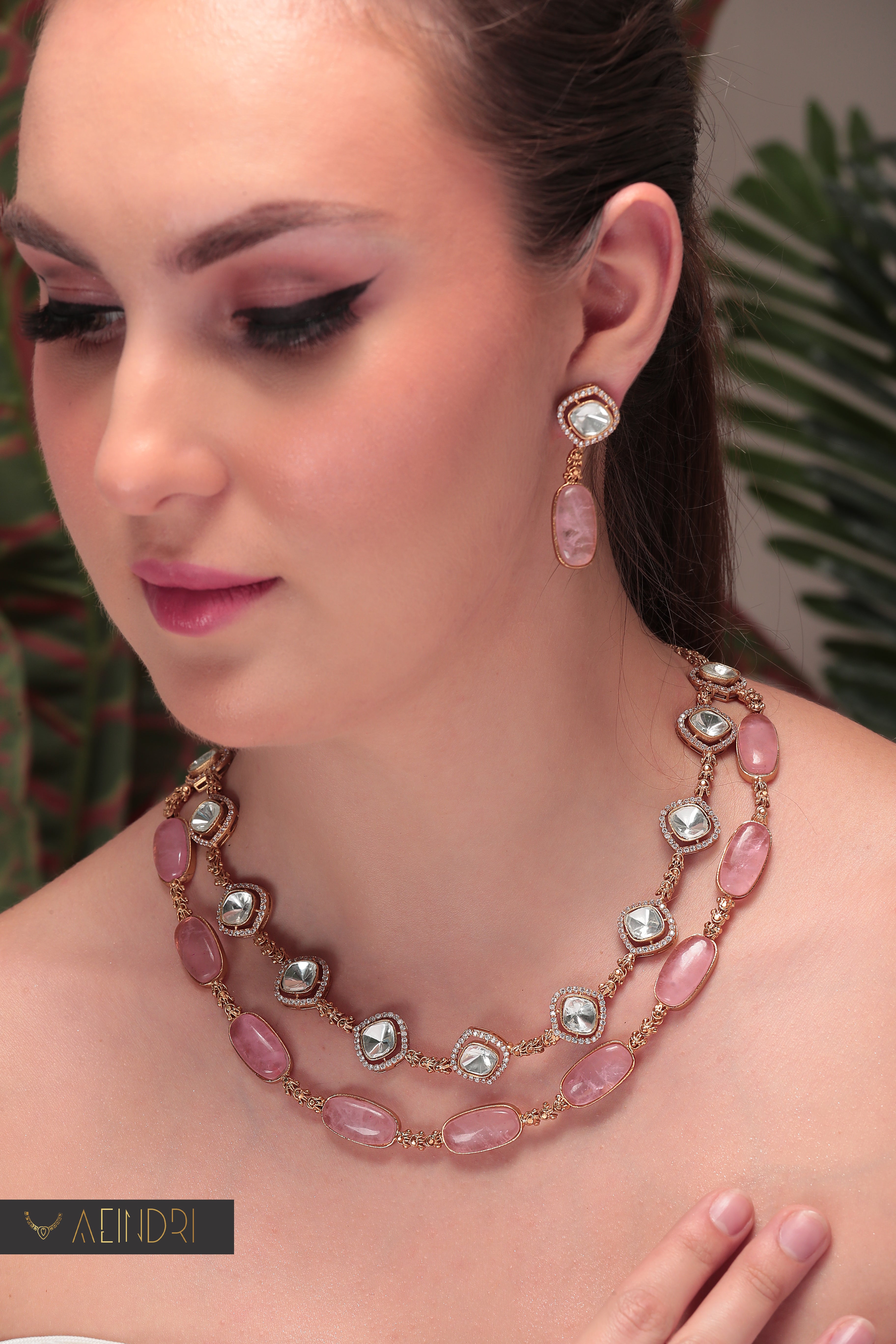 Aeindri Rose Quartz Polki Necklace Set