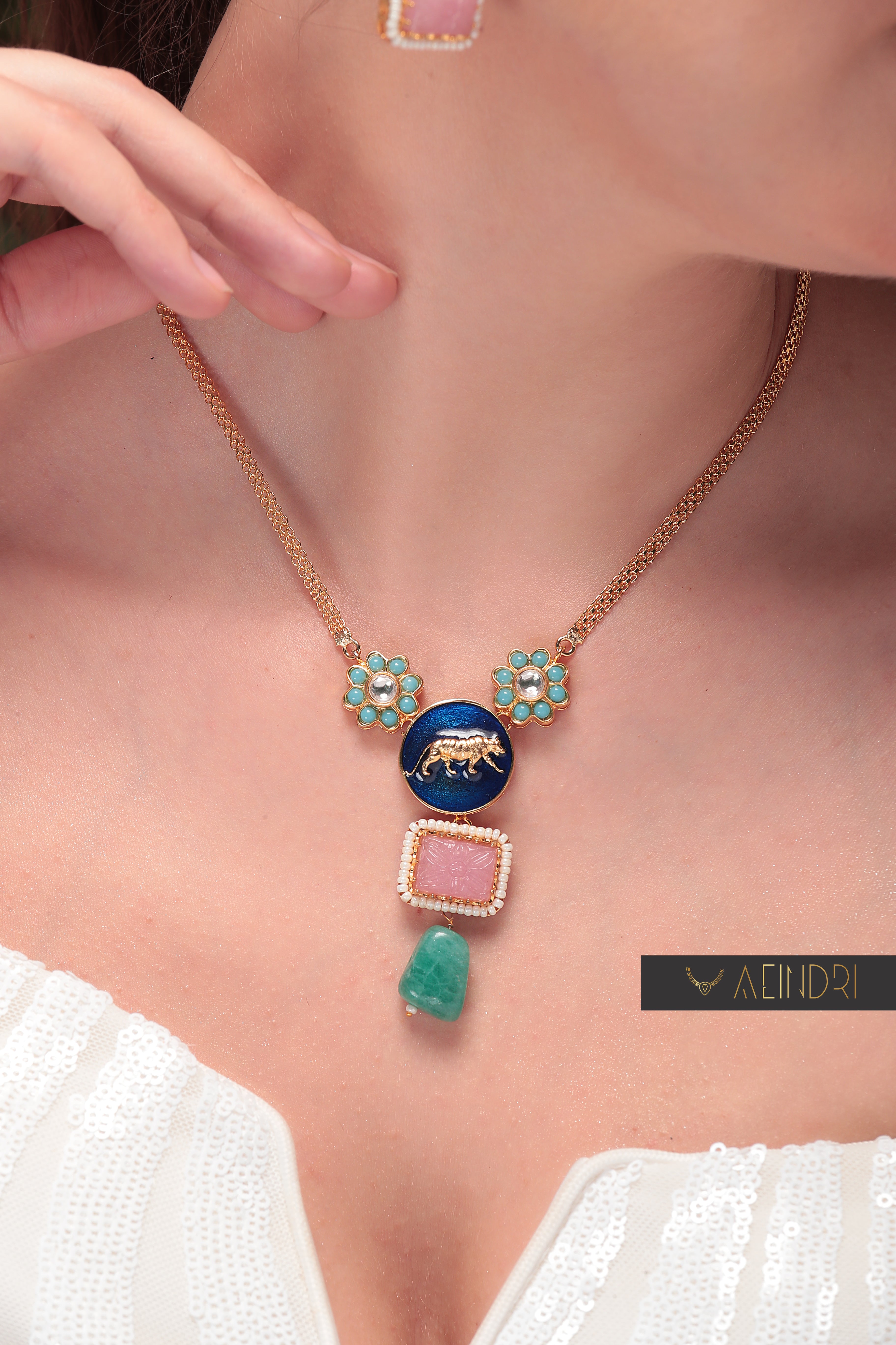 Aeindri Enamel Tiger Charm Necklace Set