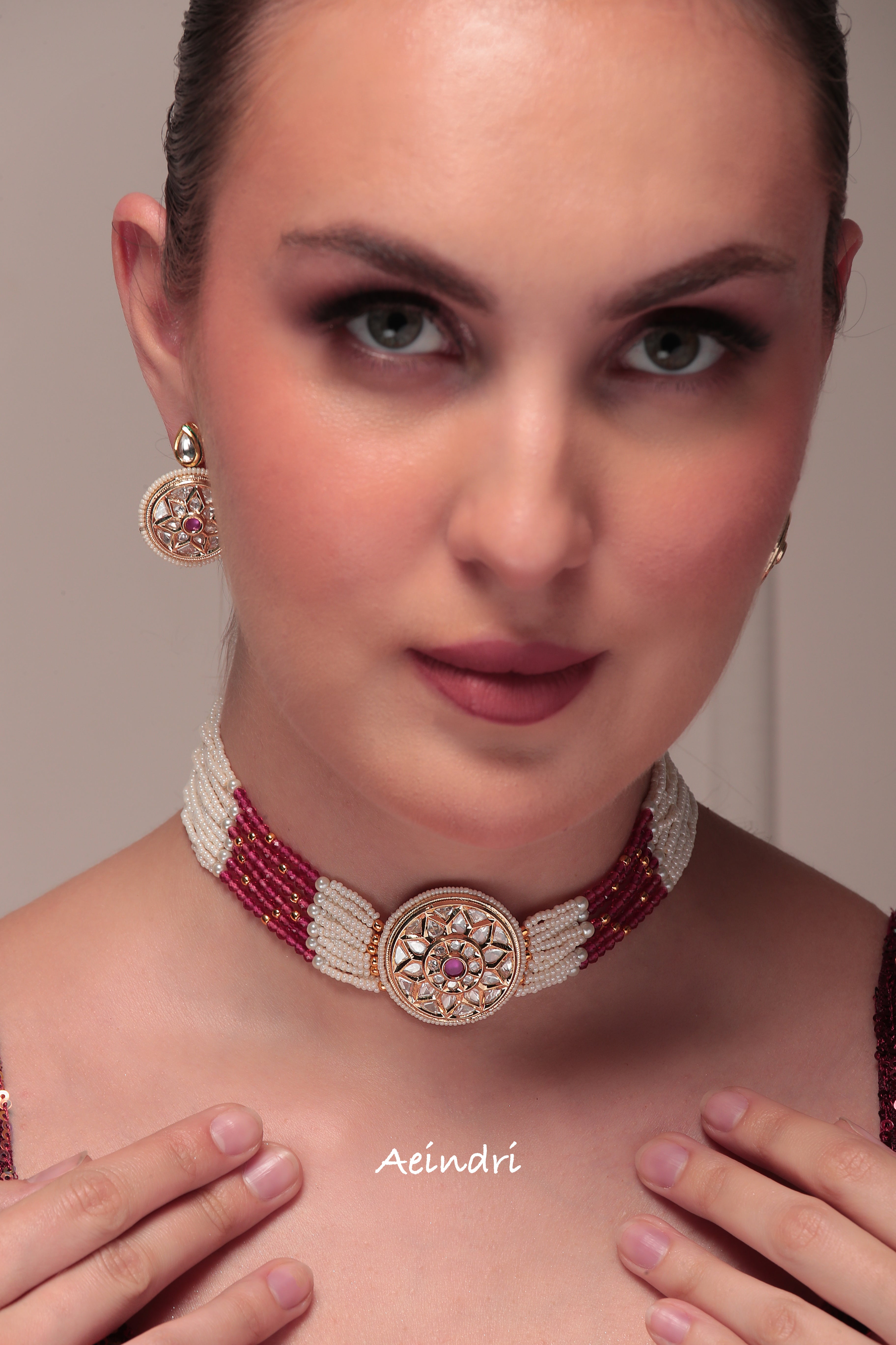Aeindri Pearl & Ruby Beaded Choker Set with Mandala Pendant