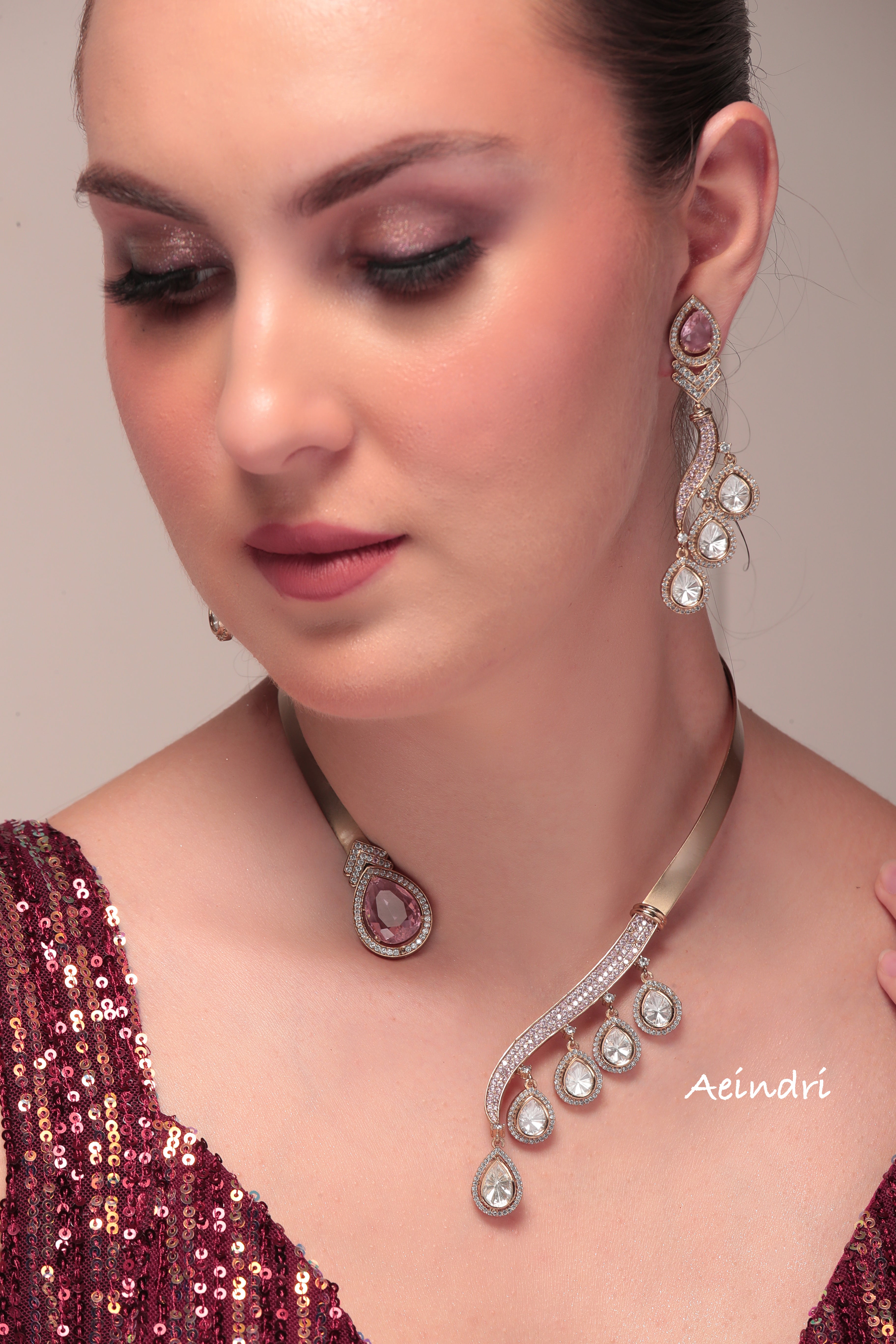 Aeindri Contemporary Teardrop Statement Necklace with Earrings