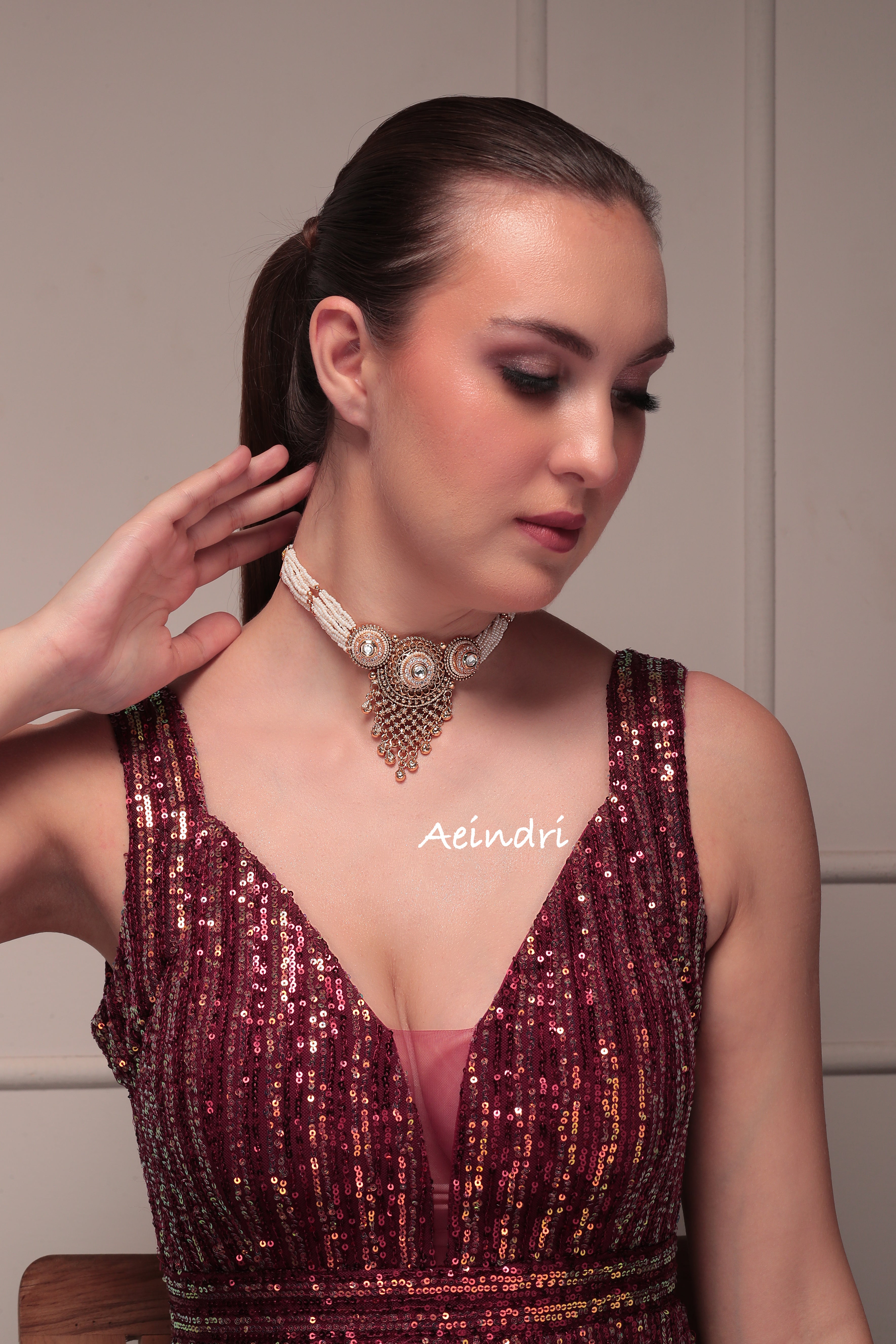 Aeindri Antique Pearl Beaded Choker Necklace Set with Eyerings