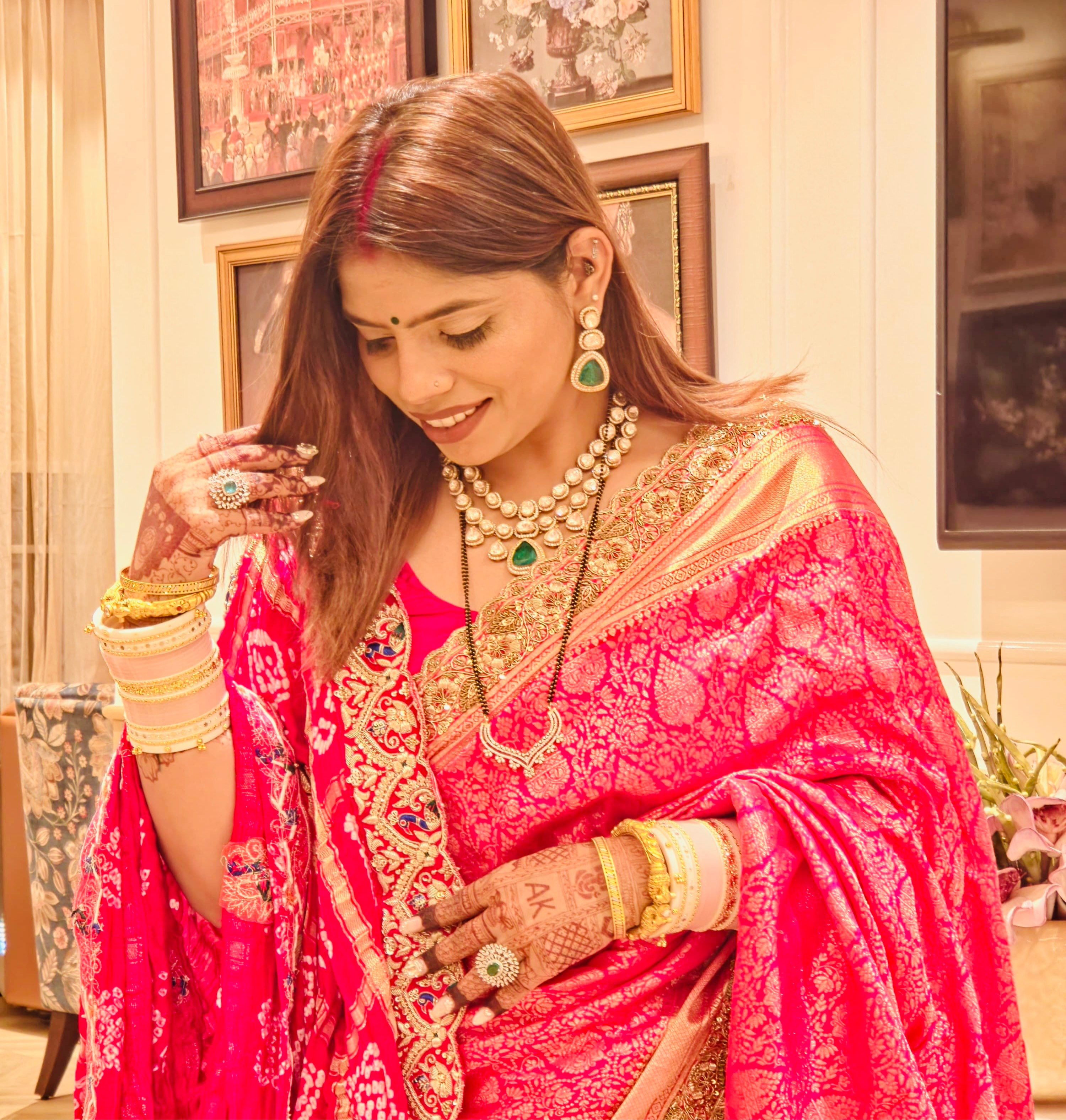 2 LINE GREEN STONE POLKI NECKLACE SET