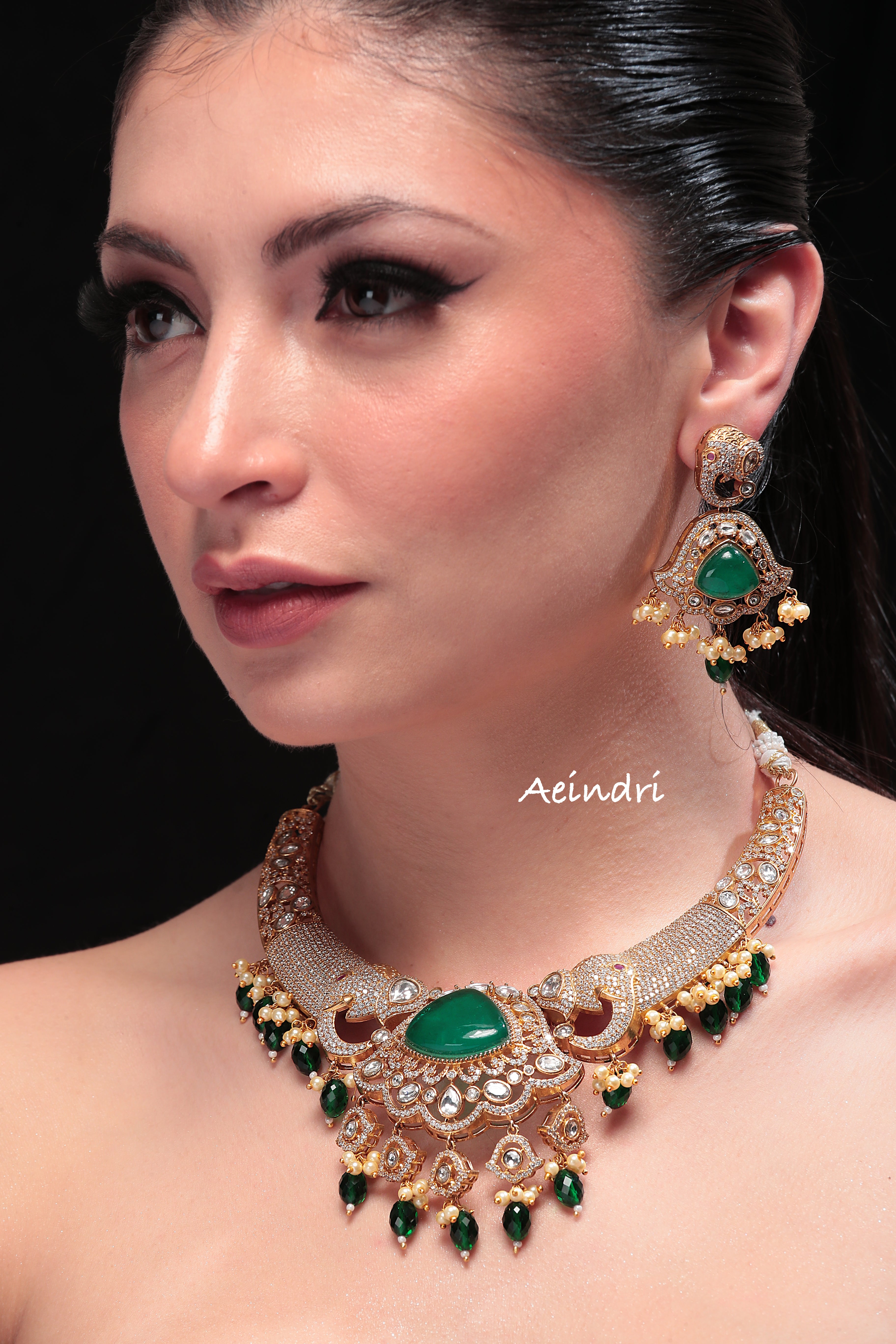 Aeindri Regal Emerald & Kundan Bridal Choker Set