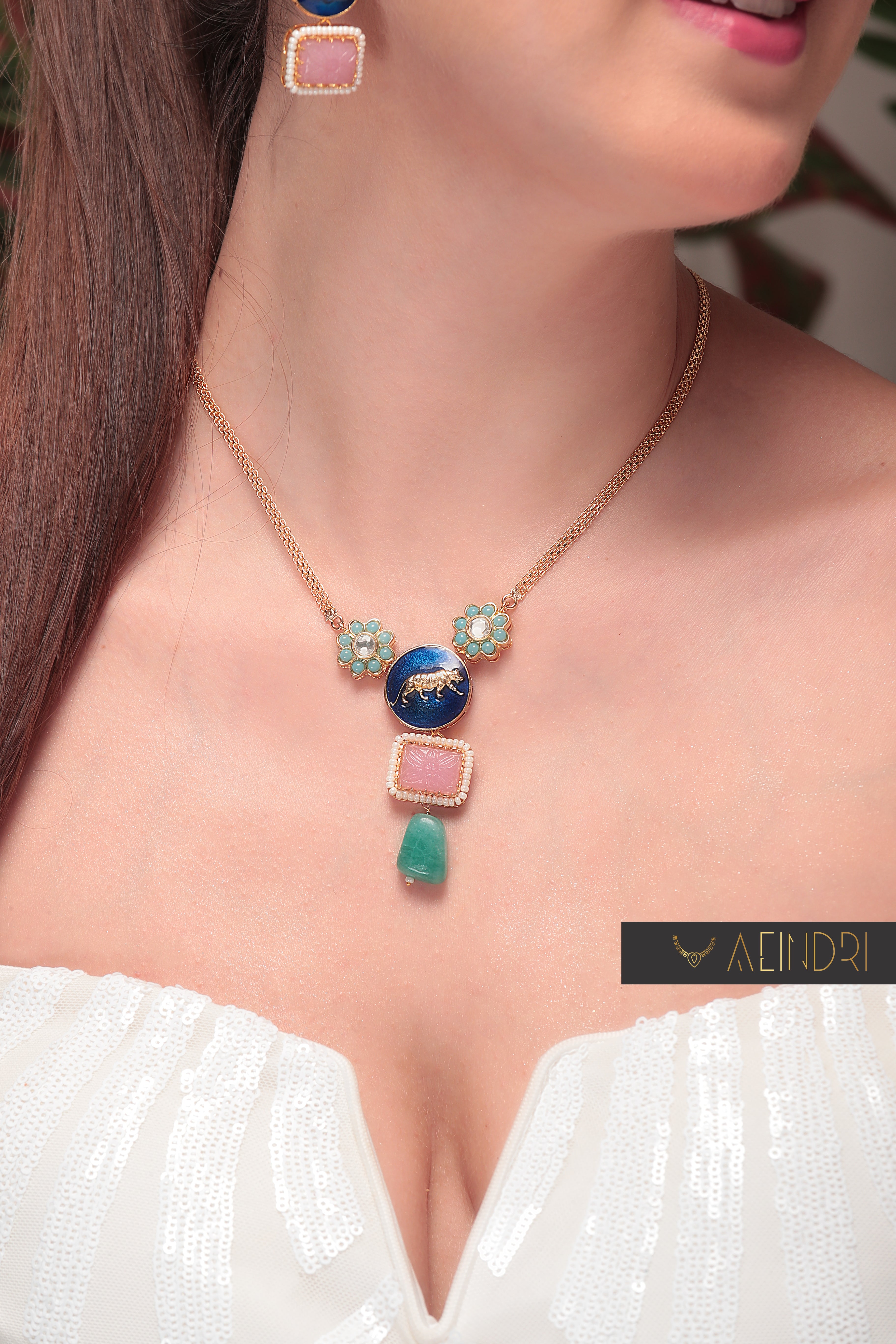 Aeindri Enamel Tiger Charm Necklace Set