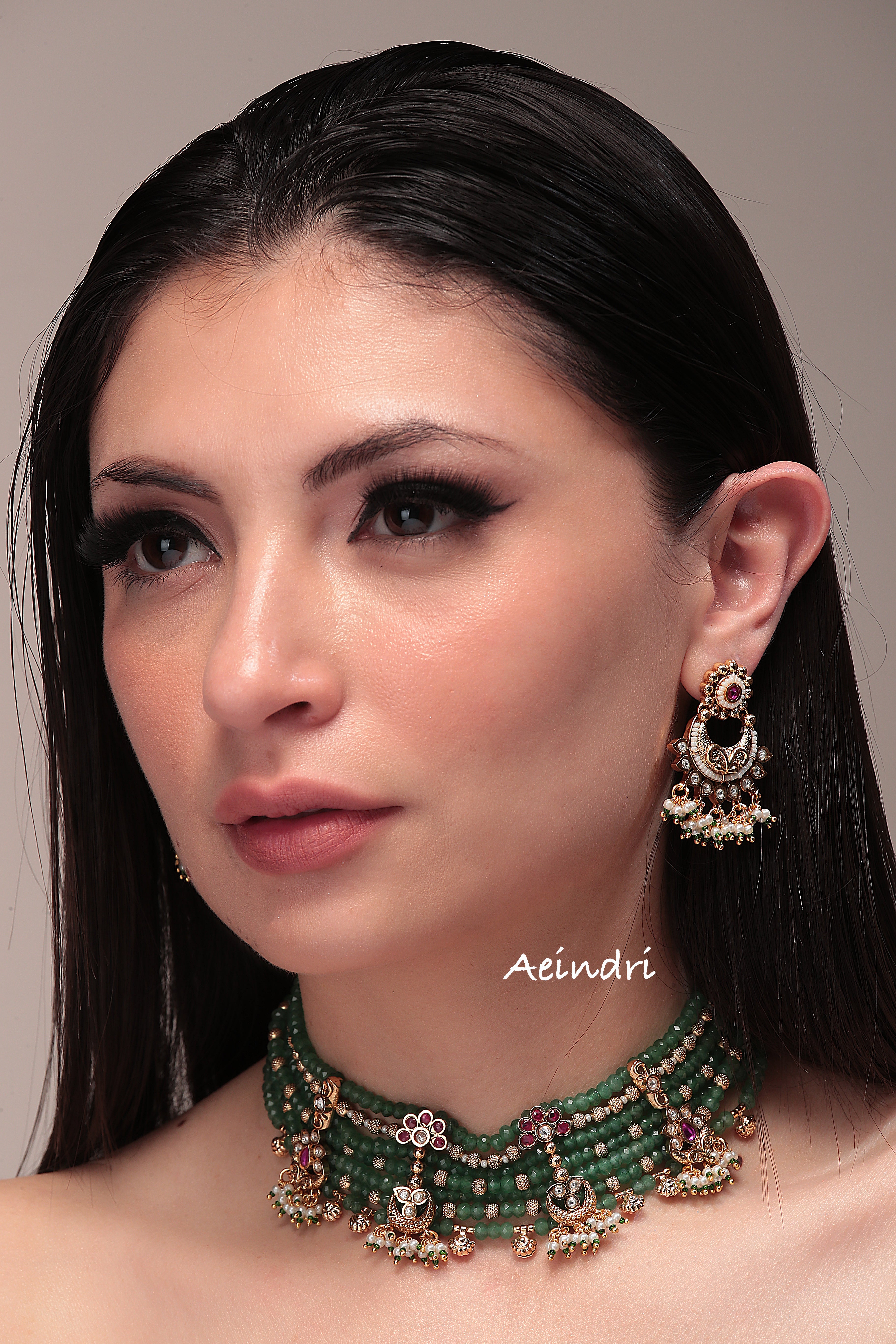 Emerald Green Beaded Choker with Temple-Inspired Detailing
