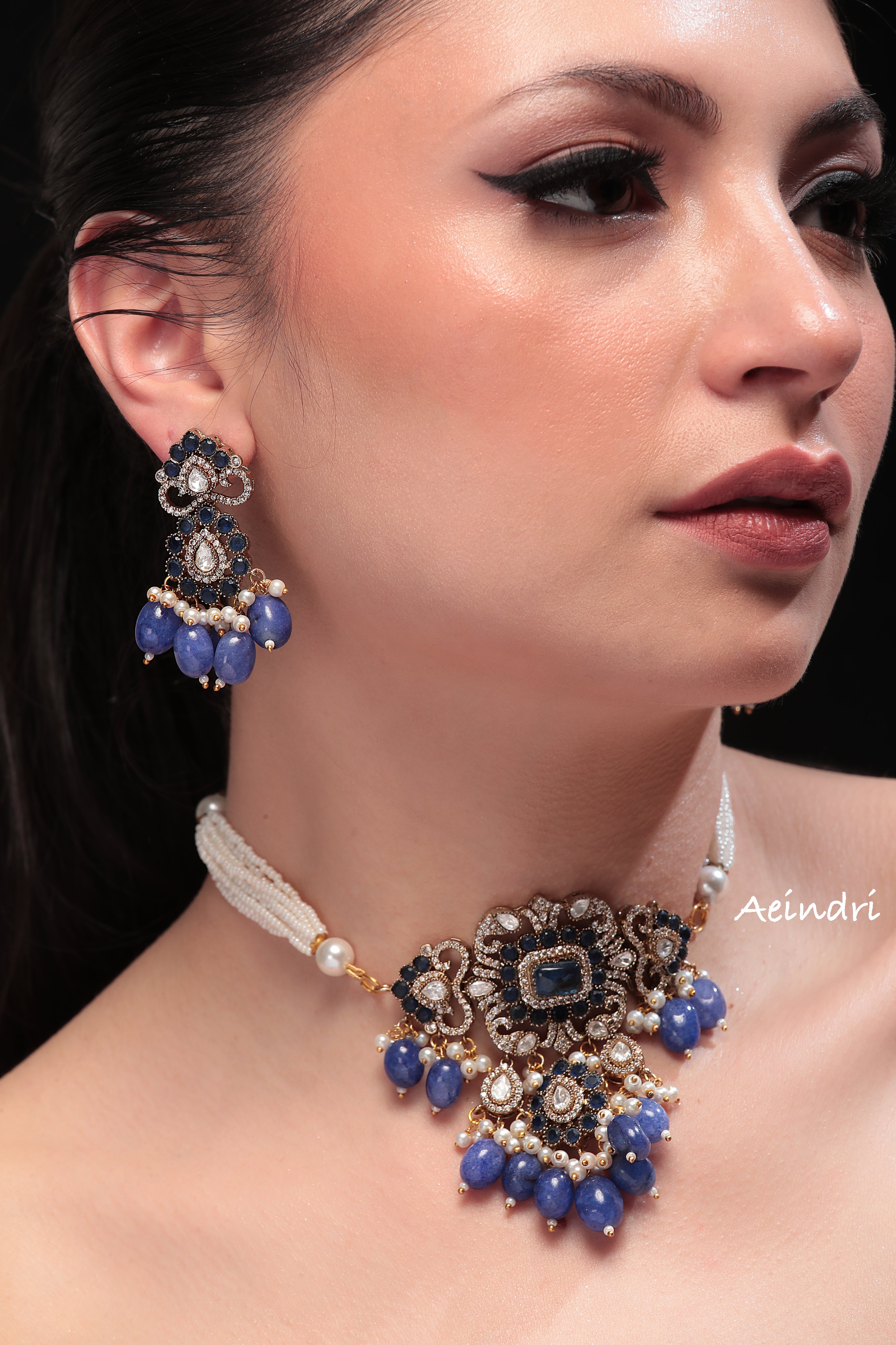 Luxurious Blue Gemstone Pearl Choker Set by Aeindri
