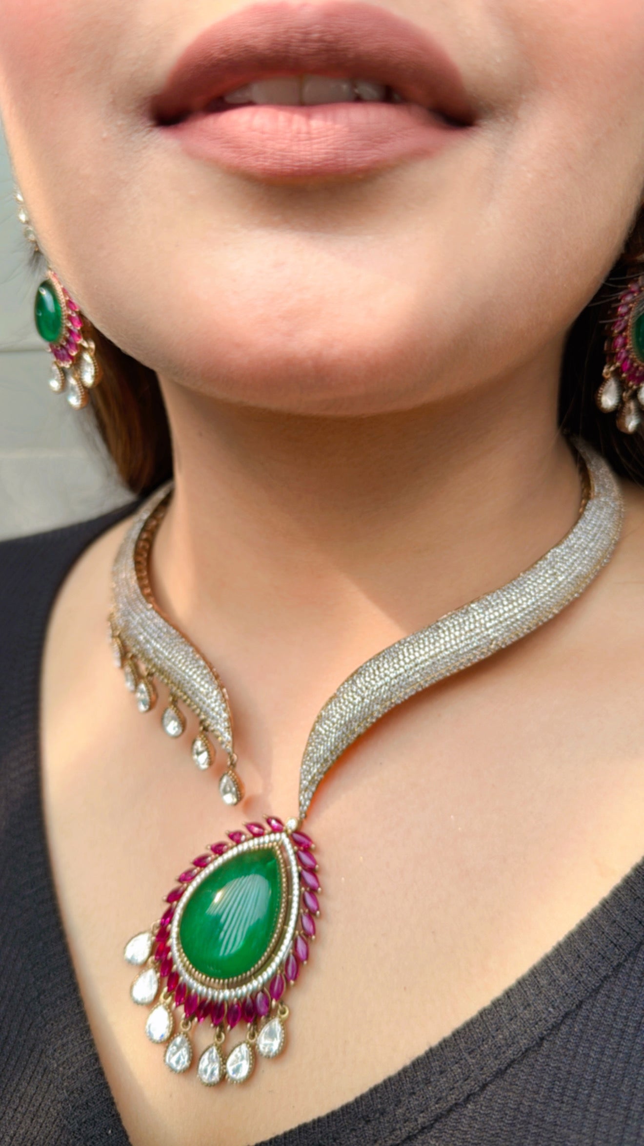 Gold Plated Stones Zircon Studded Moissanite Drops Doublet Open Choker Set