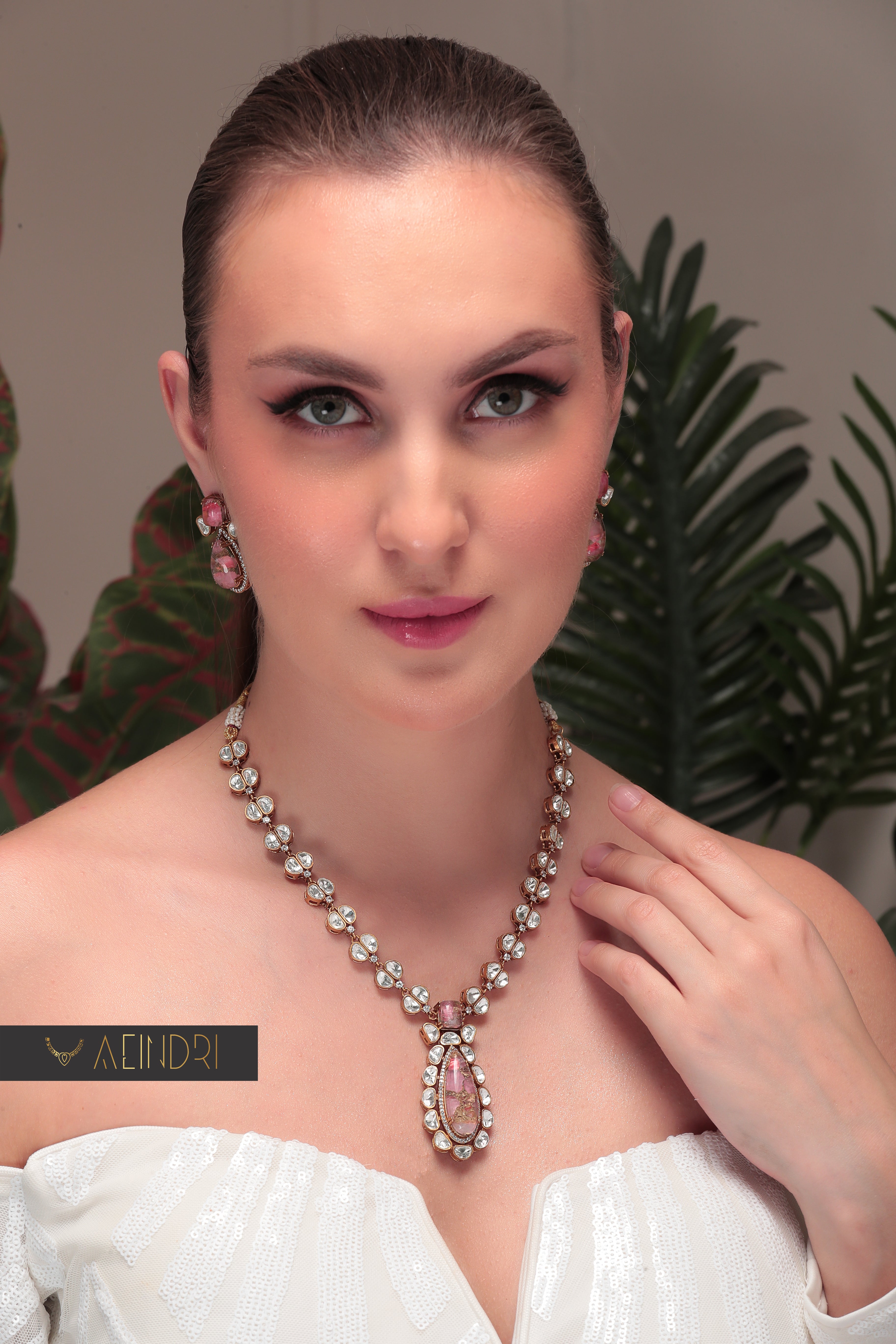 Aeindri Royal Pink Quartz & Polki Teardrop Necklace Set