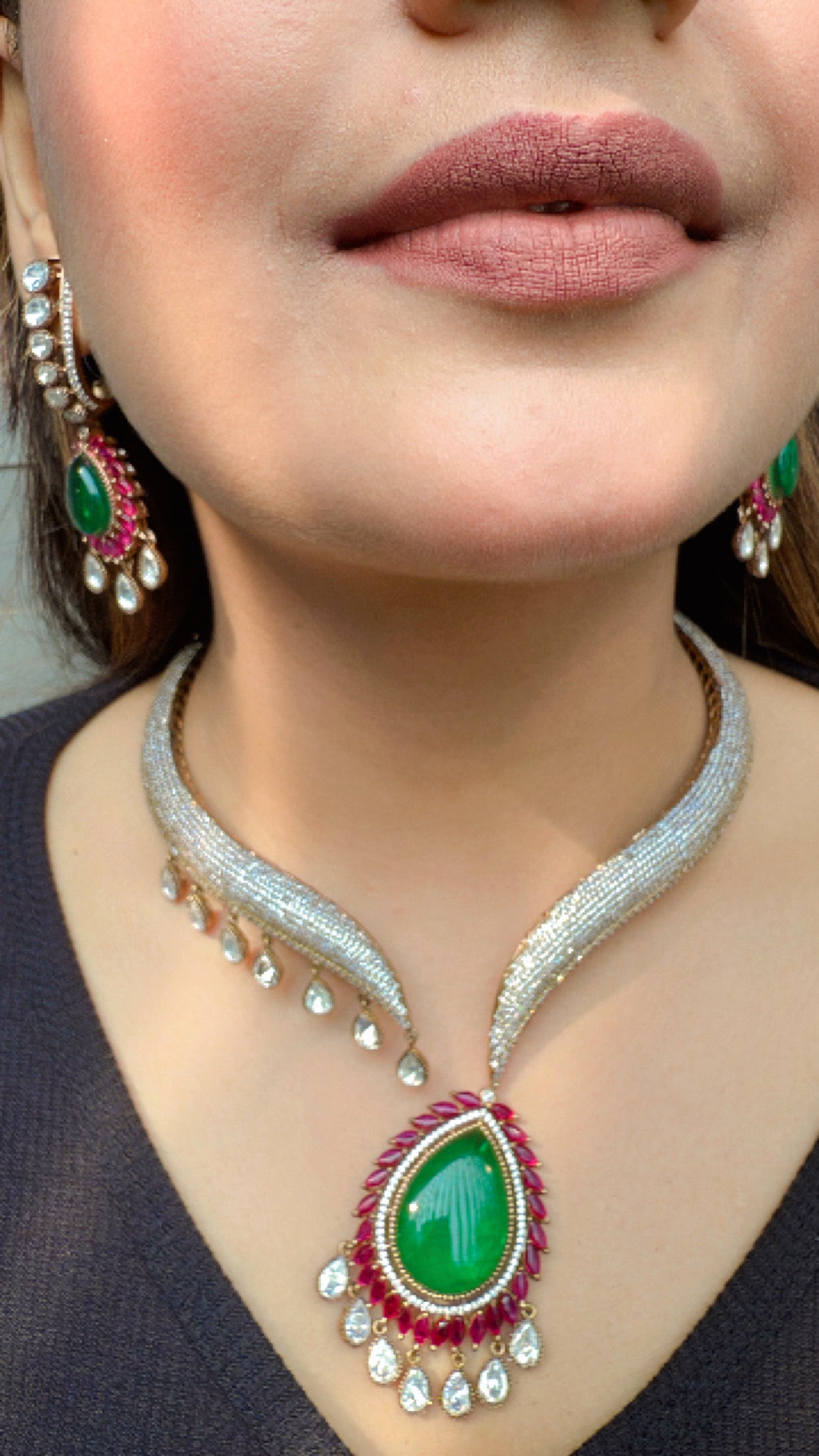 Gold Plated Stones Zircon Studded Moissanite Drops Doublet Open Choker Set