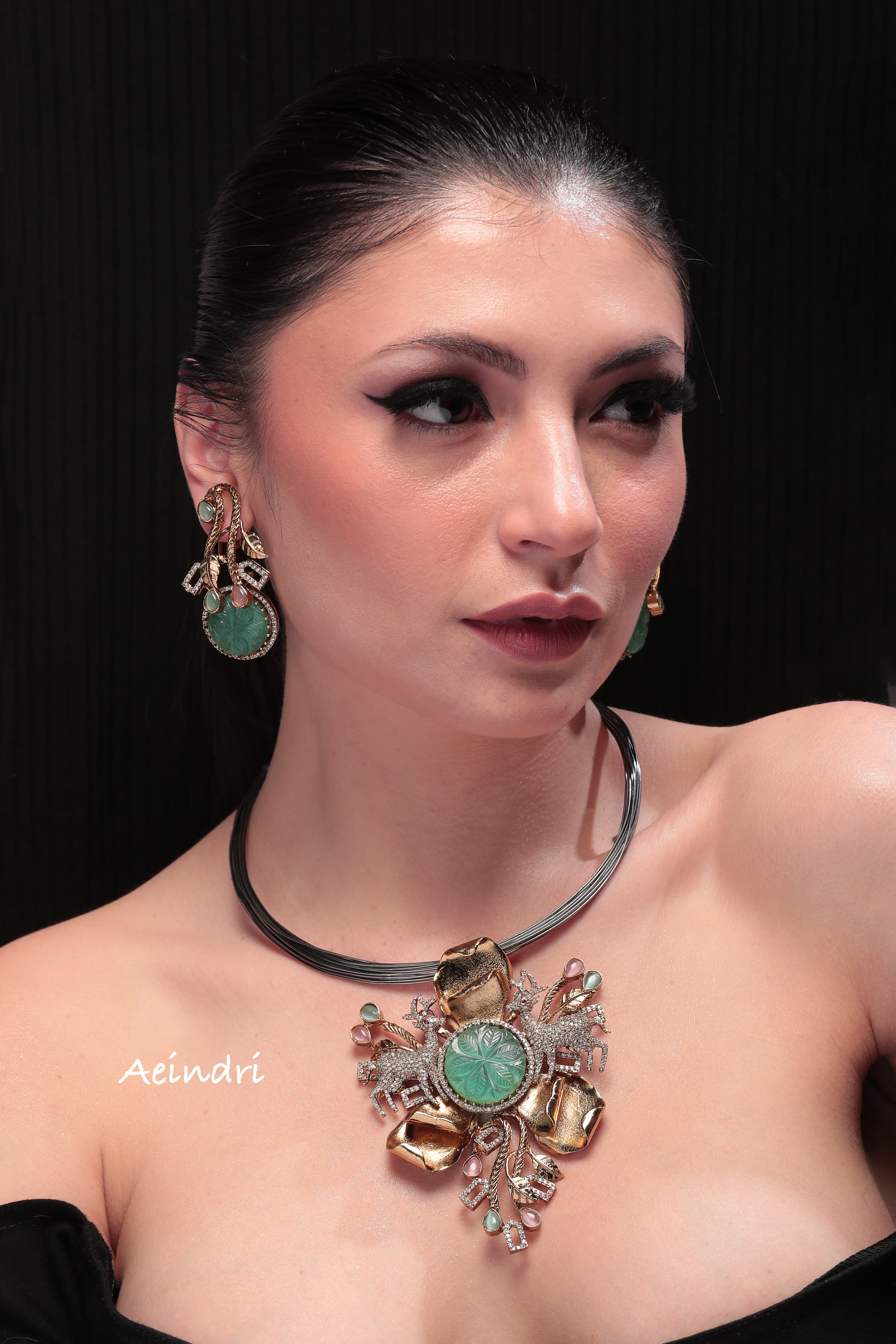 Aeindri Avant-Garde Carved Mint Stone & Crystal Statement Necklace Set