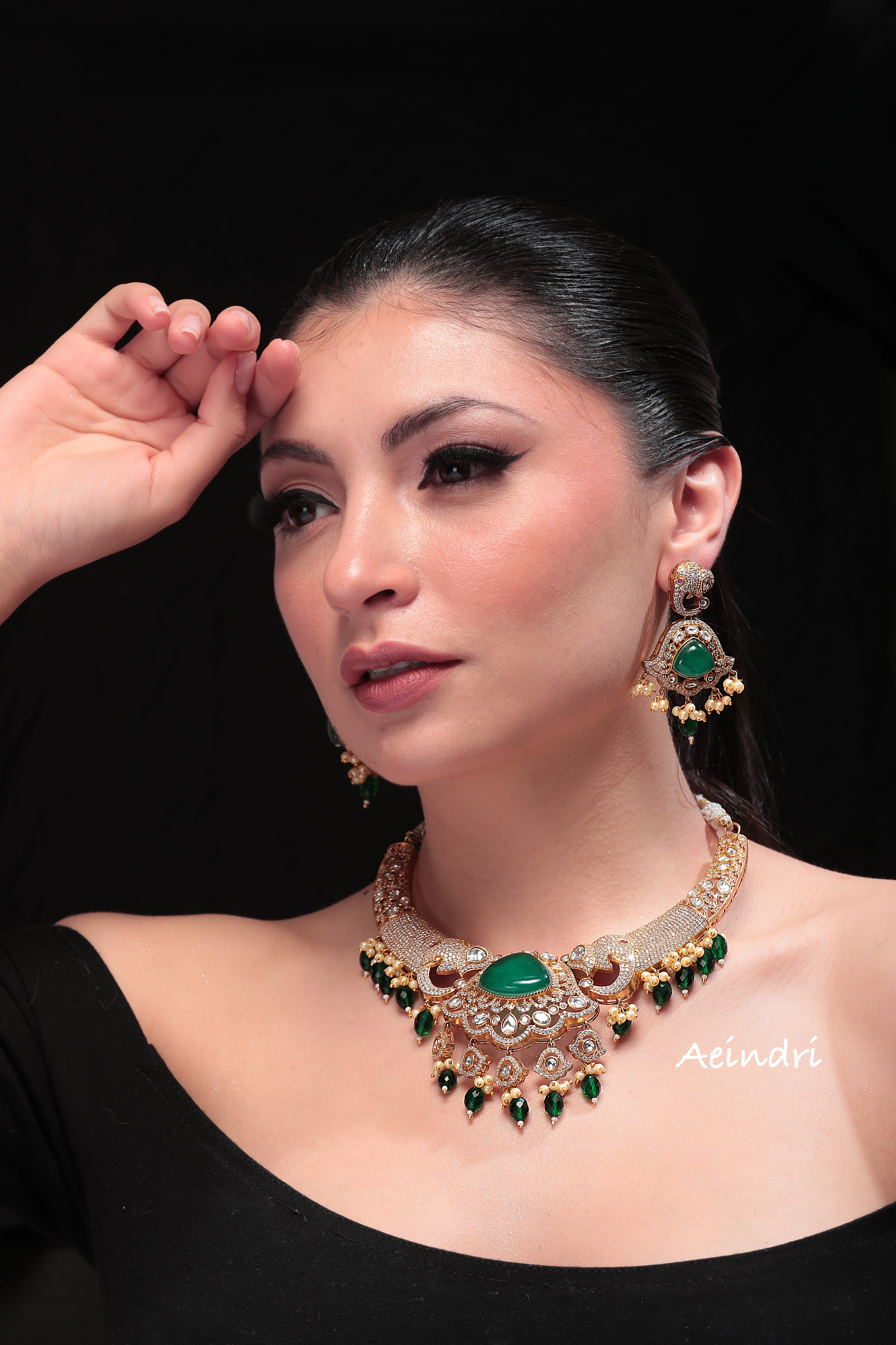 Aeindri Regal Emerald & Kundan Bridal Choker Set