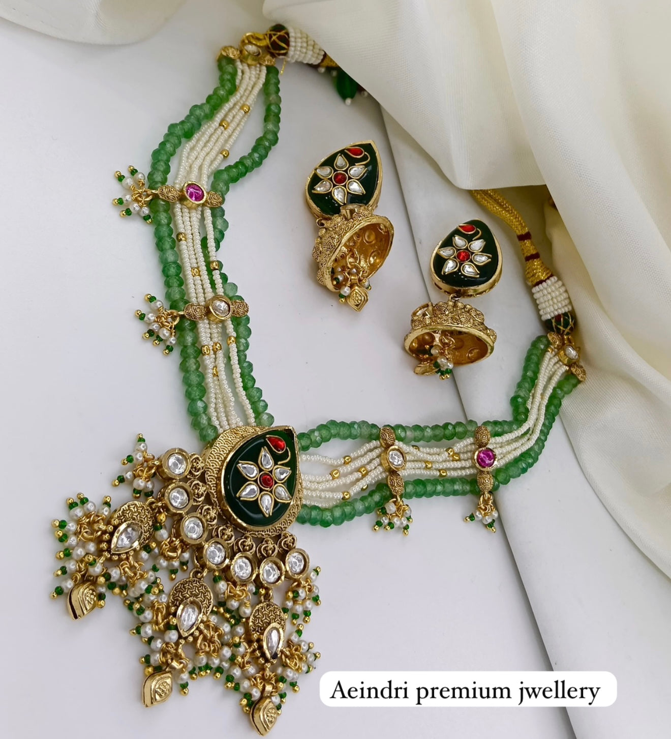 Elegant Green Beaded Kundan Choker Necklace Set with Earrings