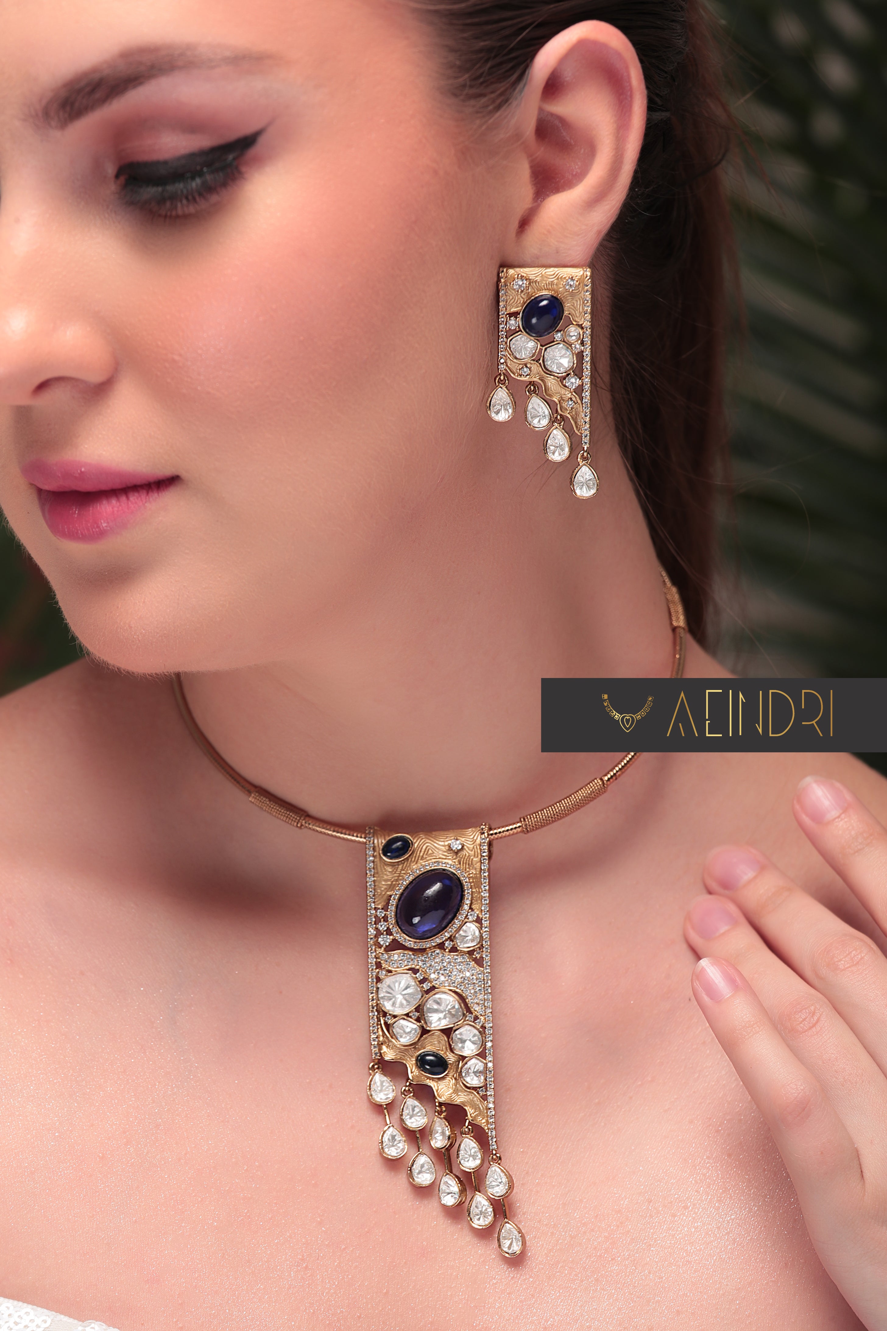 Royal Blue Stone & Kundan Drop Necklace Set – Aeindri Premium
