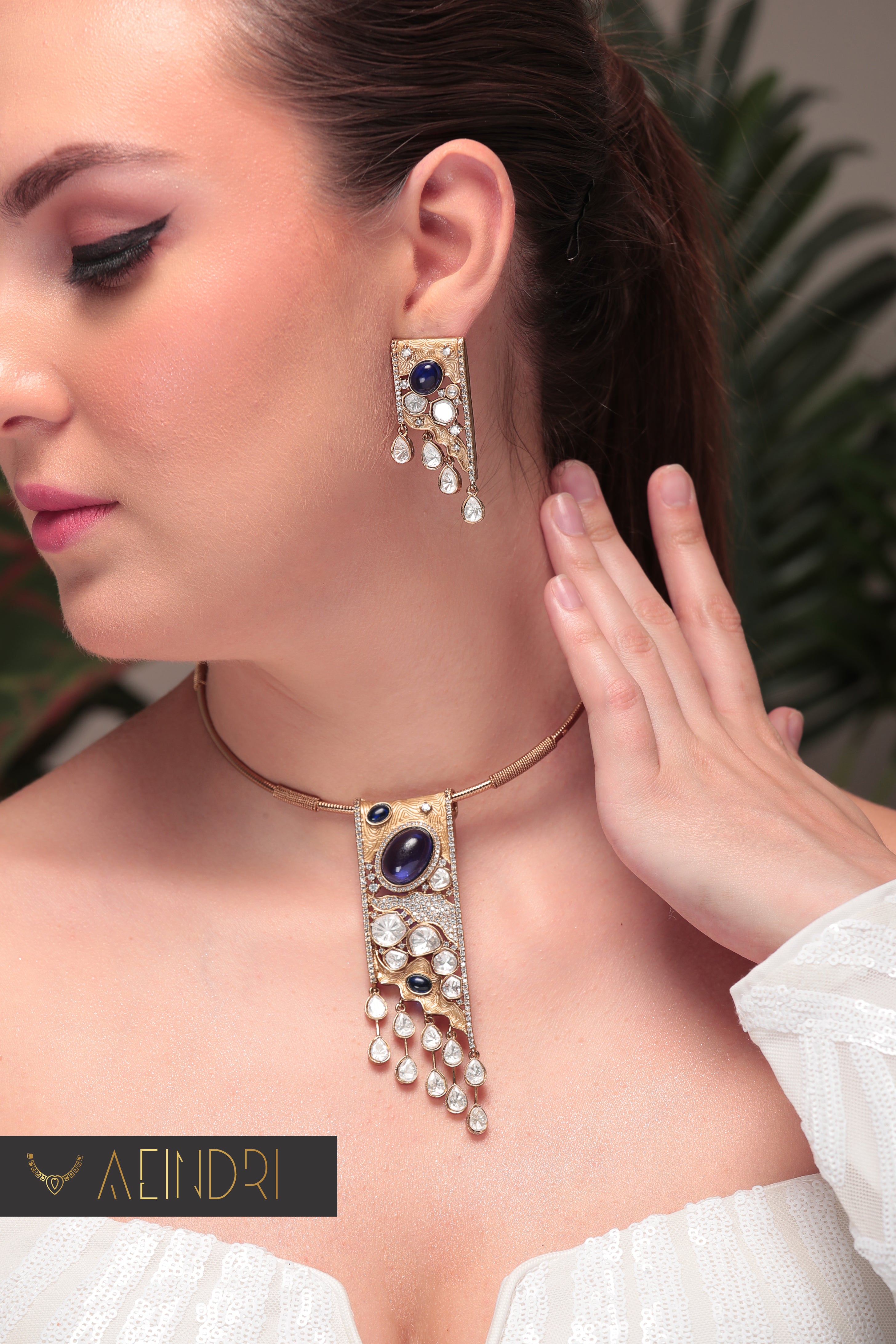 Royal Blue Stone & Kundan Drop Necklace Set – Aeindri Premium