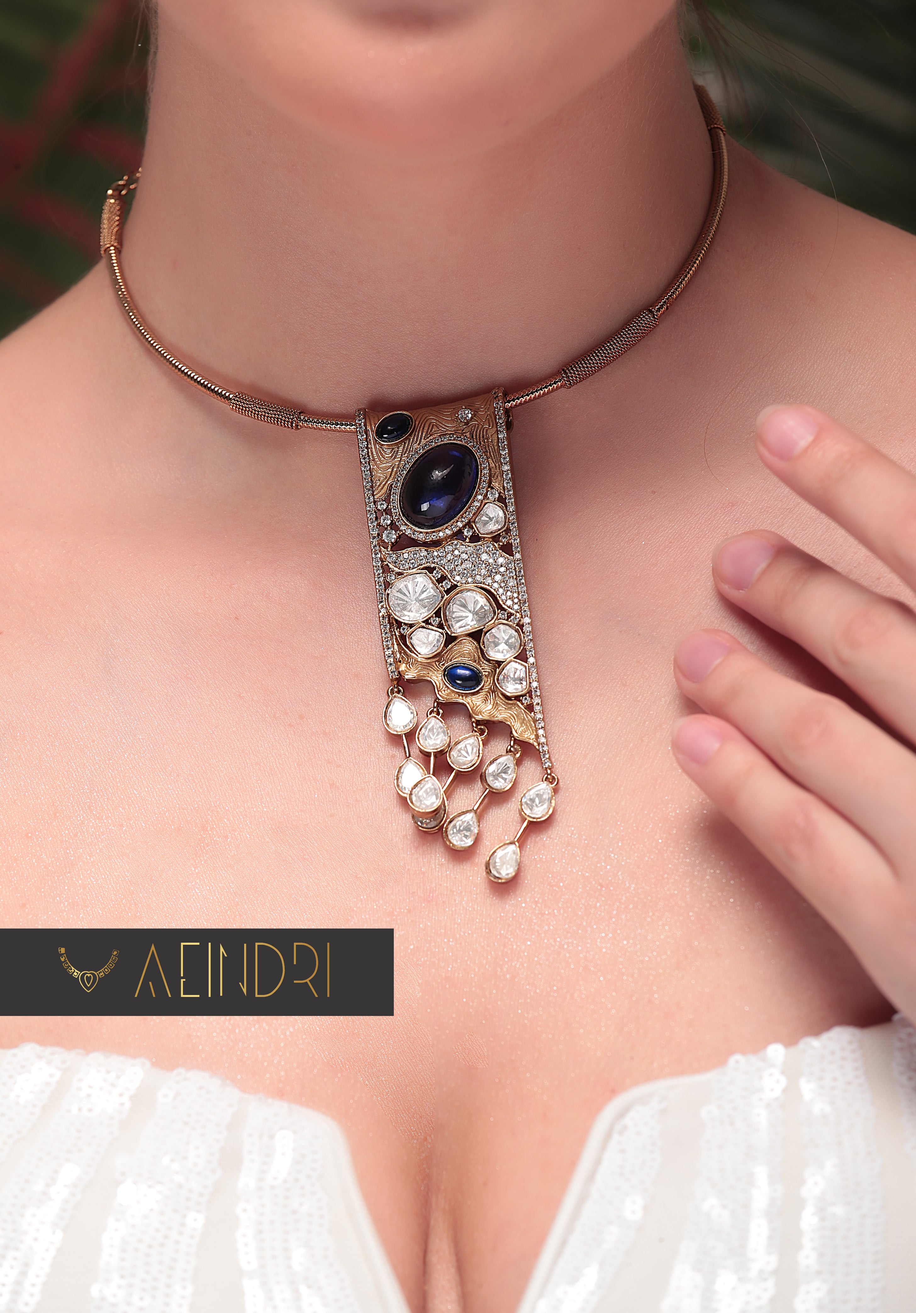 Royal Blue Stone & Kundan Drop Necklace Set – Aeindri Premium