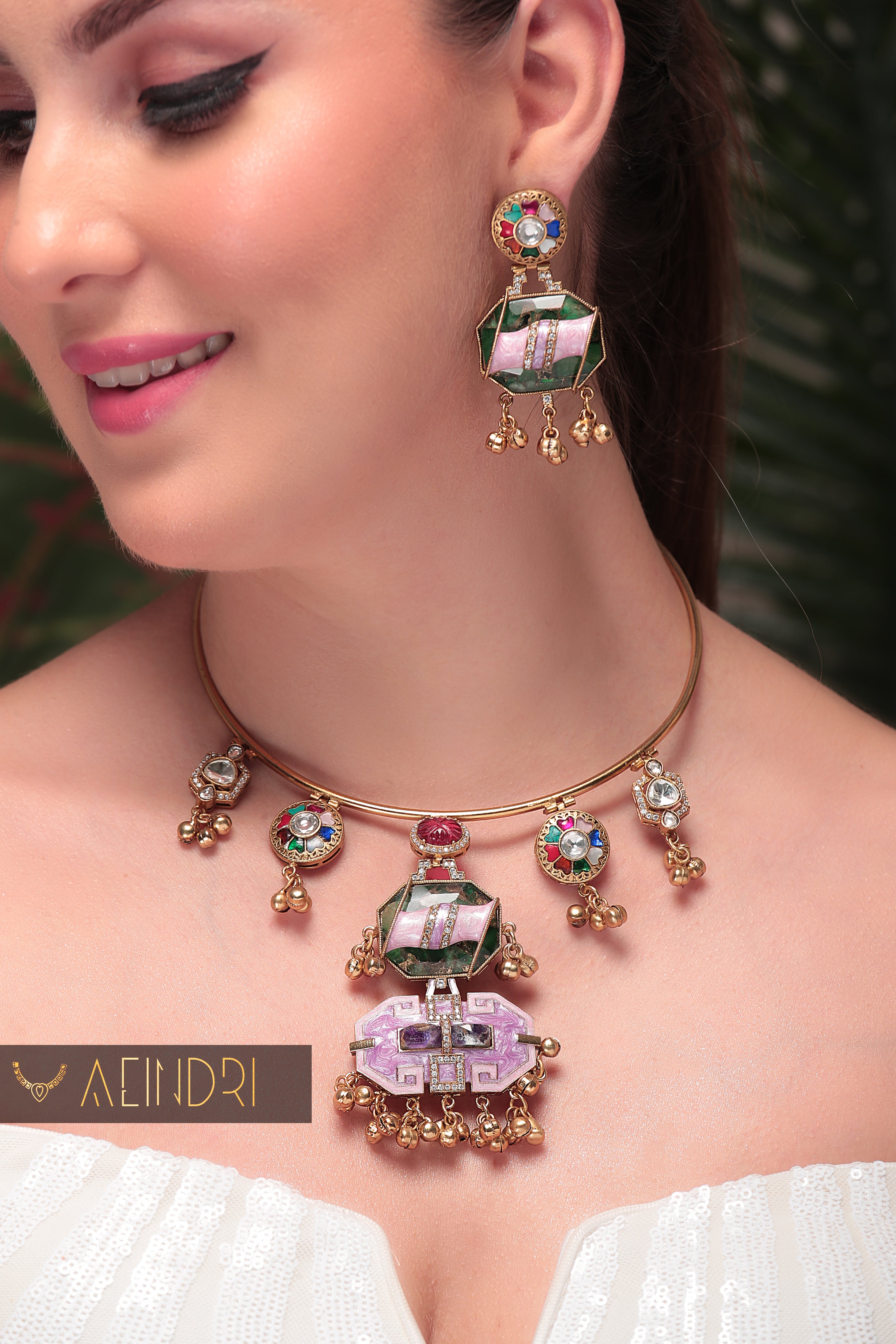 Aeindri Multicolor Enamel & Stonework Statement Choker Necklace Set