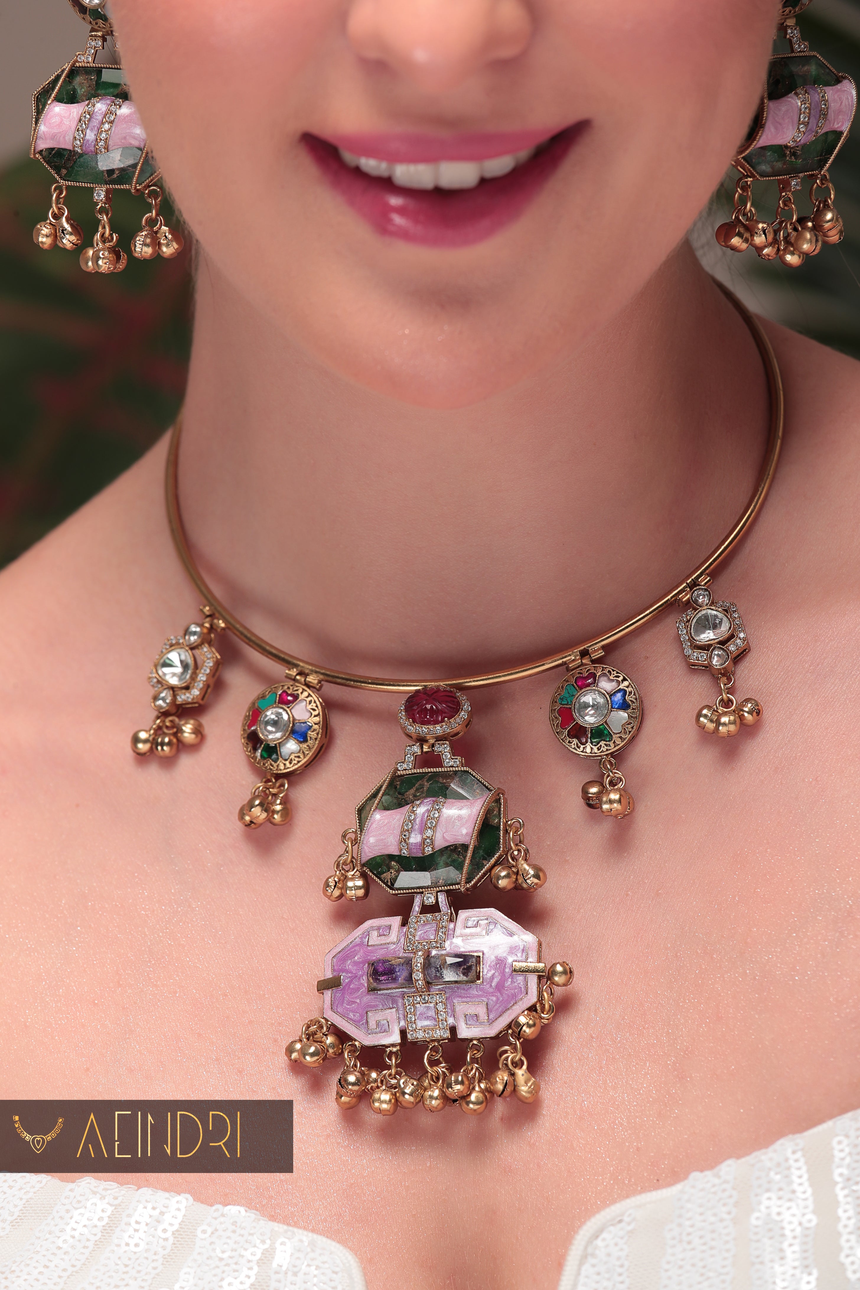 Aeindri Multicolor Enamel & Stonework Statement Choker Necklace Set