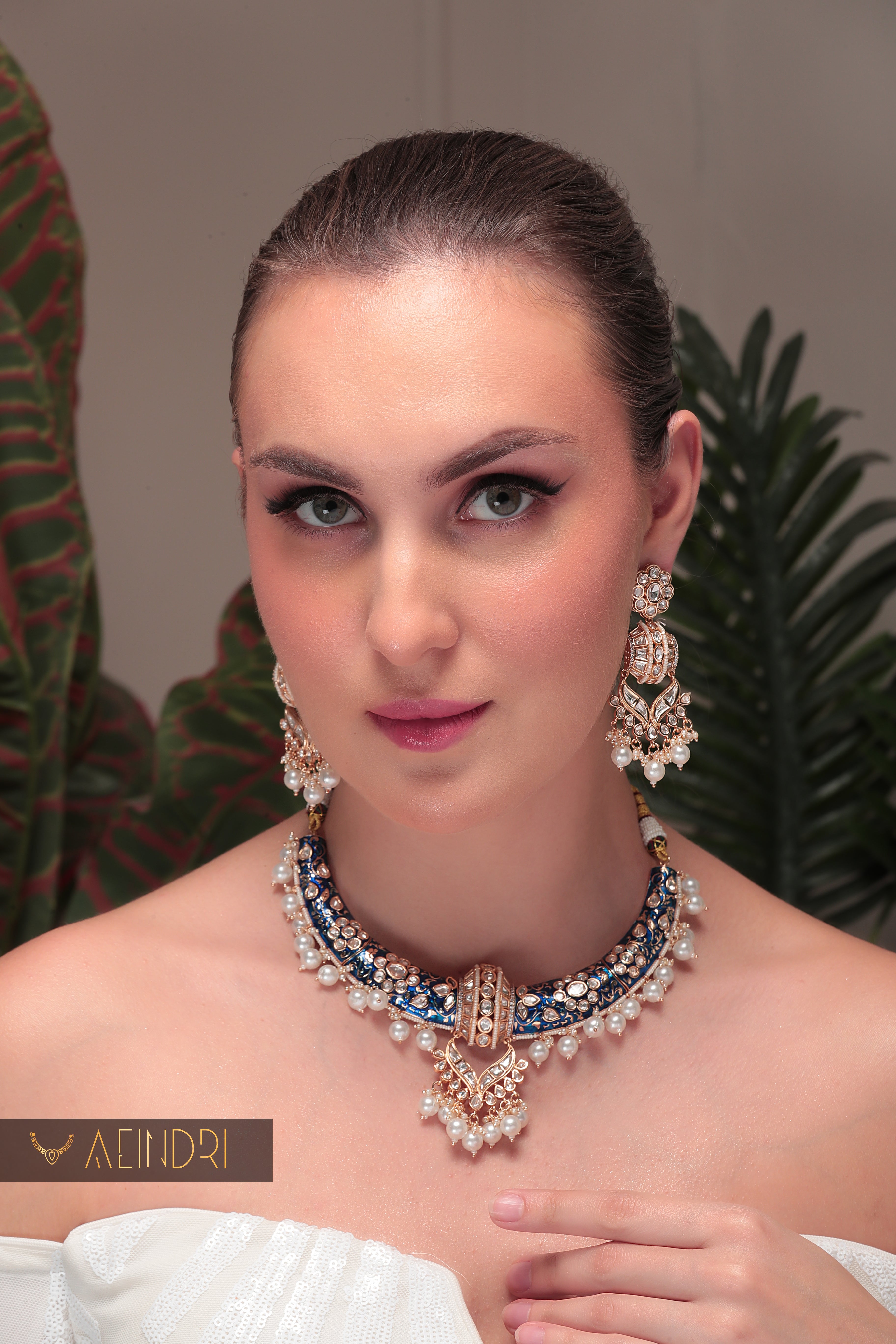 Aeindri Royal Blue Pearl Choker Necklace & Earrings Set