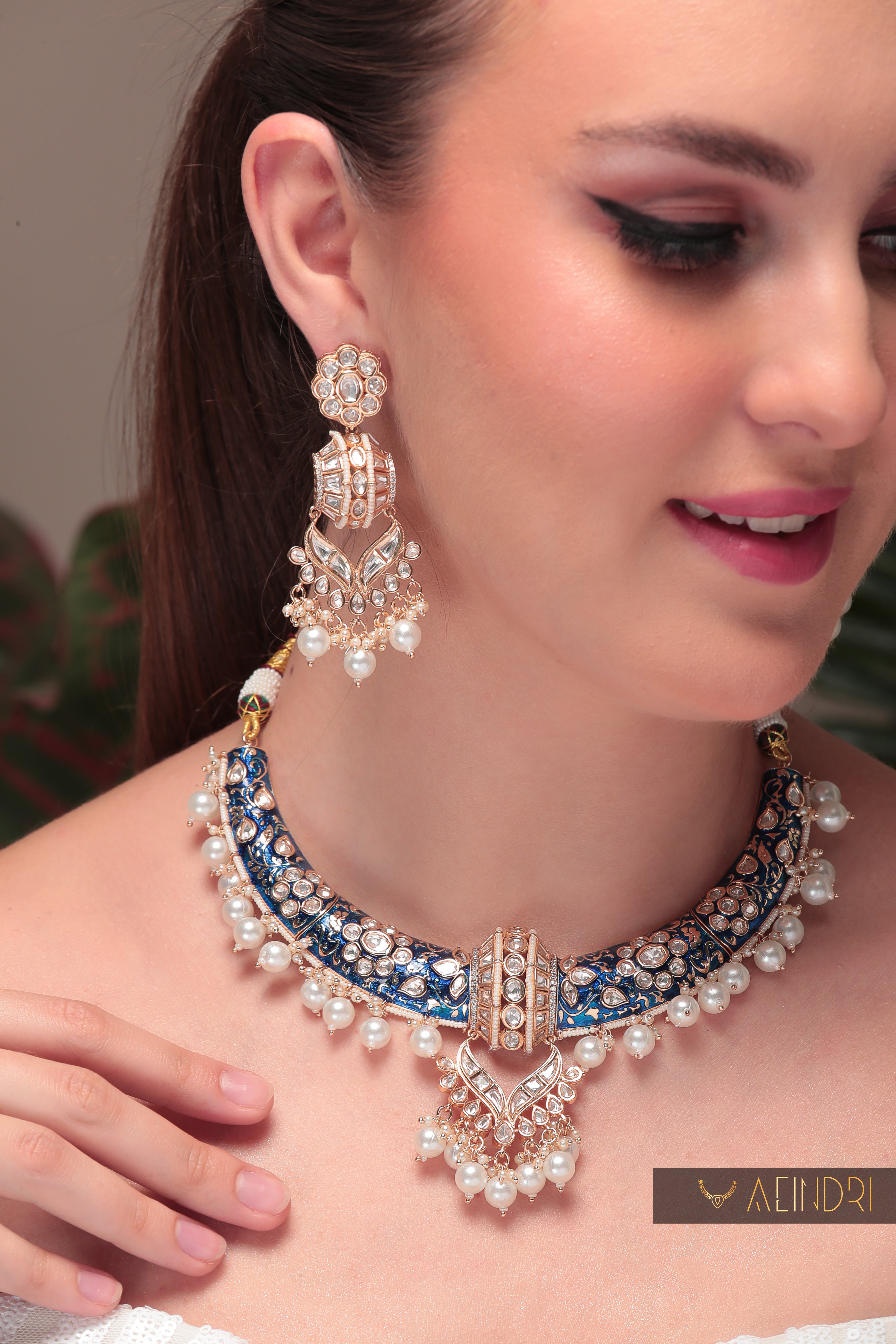 Aeindri Royal Blue Pearl Choker Necklace & Earrings Set