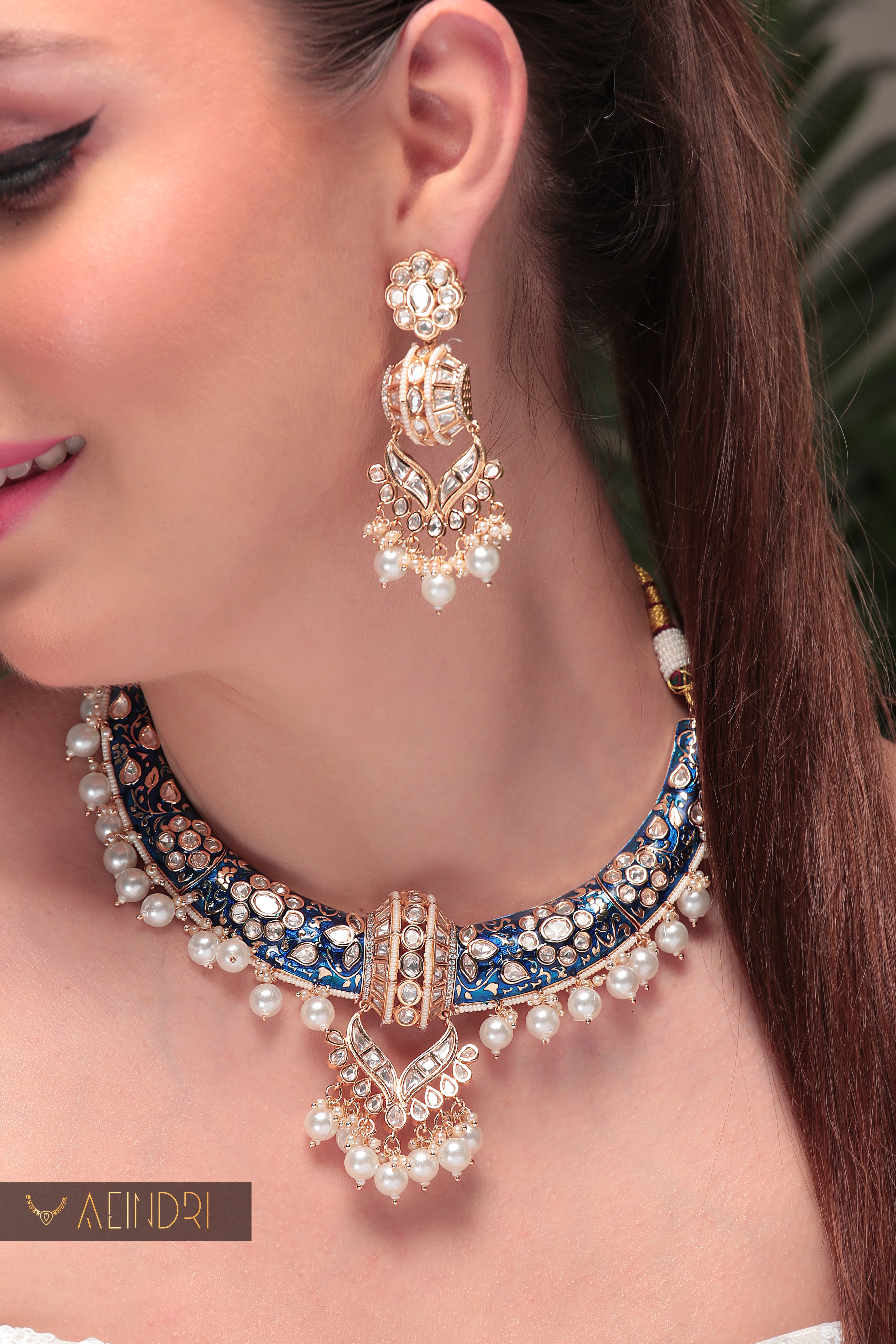 Aeindri Royal Blue Pearl Choker Necklace & Earrings Set