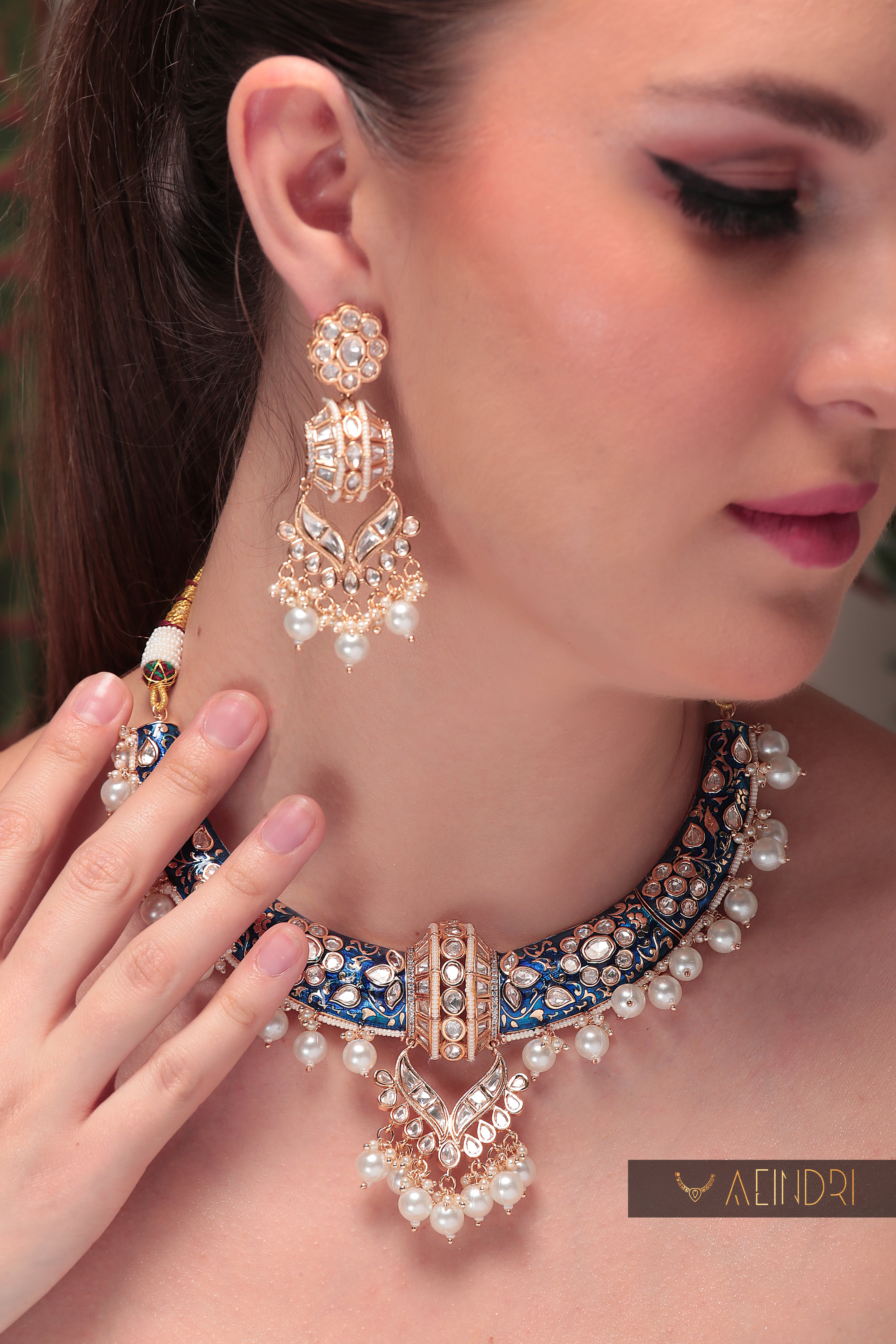 Aeindri Royal Blue Pearl Choker Necklace & Earrings Set