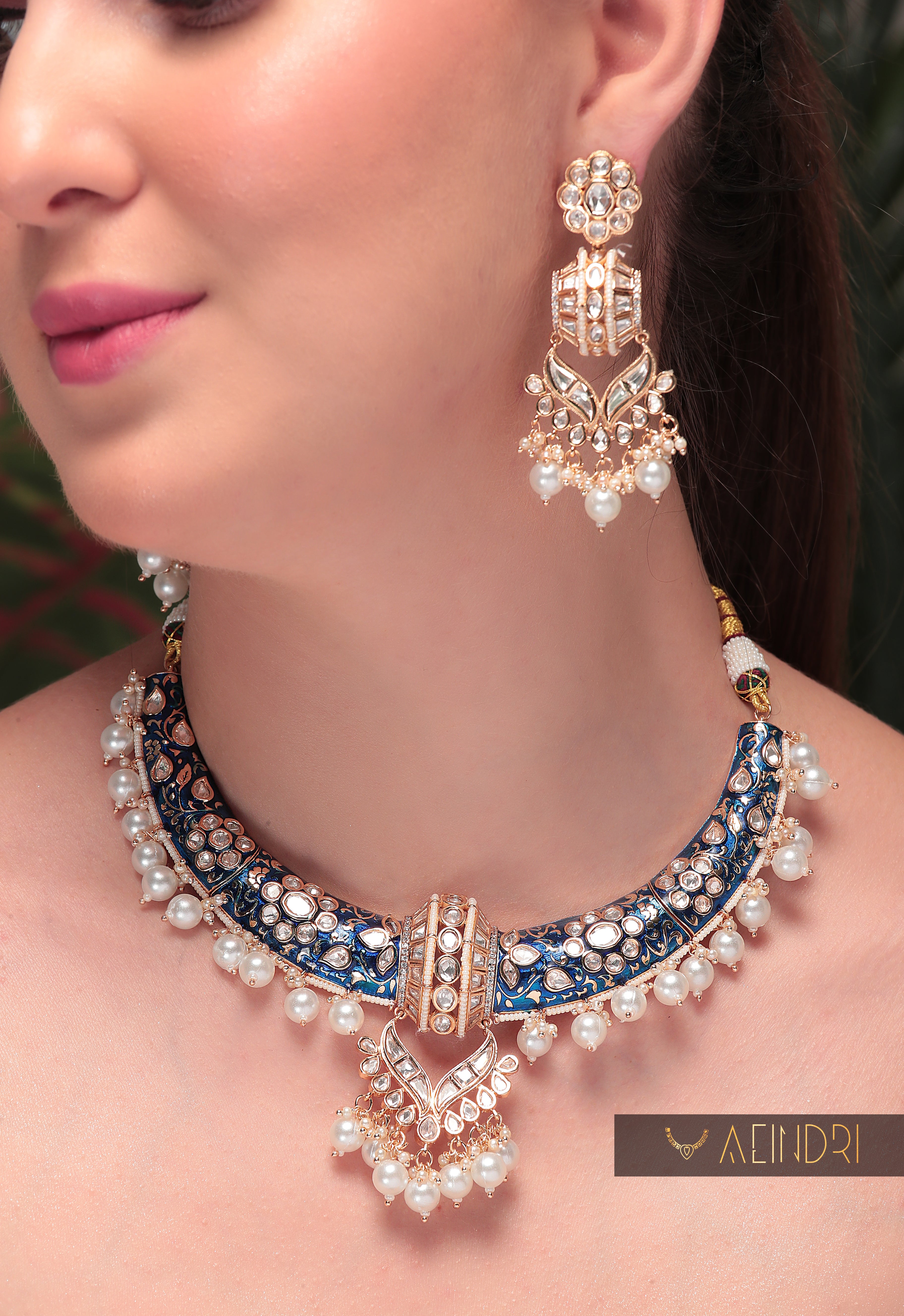Aeindri Royal Blue Pearl Choker Necklace & Earrings Set